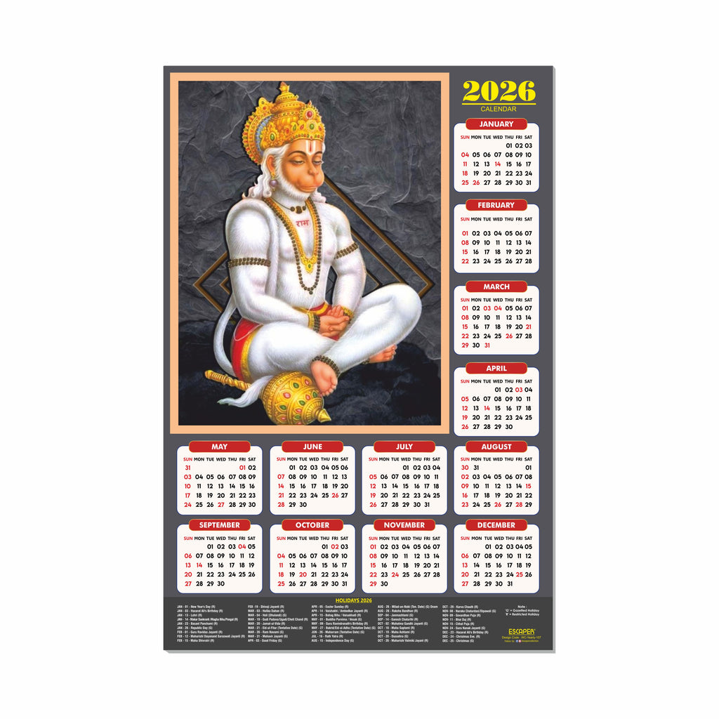 Lord Hanuman Wall Calendar 2026 hanging (45 x 30 cm), Bajrangbali hanging, Hanuman Ji, Religious, Hindu God Wall Calendar 2026, New Year Calendar