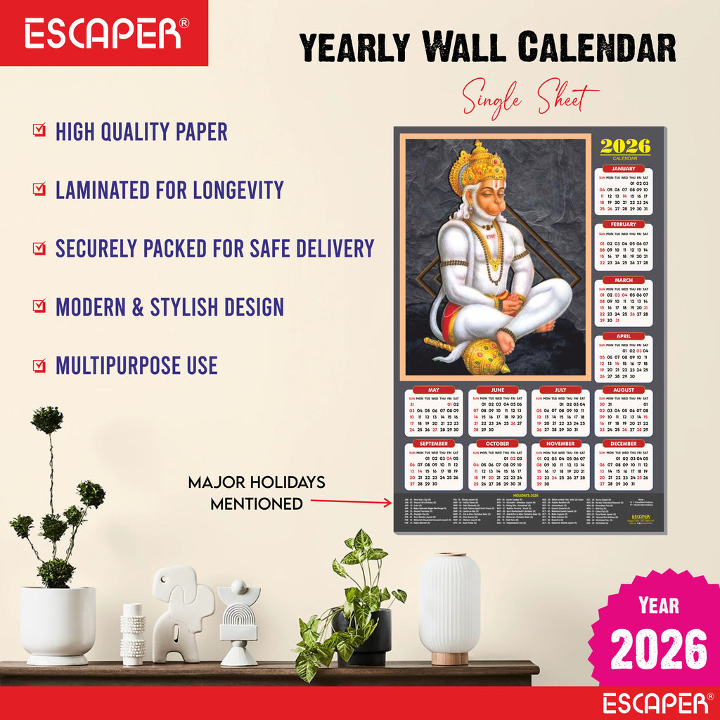 Lord Hanuman Wall Calendar 2026 hanging (45 x 30 cm), Bajrangbali hanging, Hanuman Ji, Religious, Hindu God Wall Calendar 2026, New Year Calendar