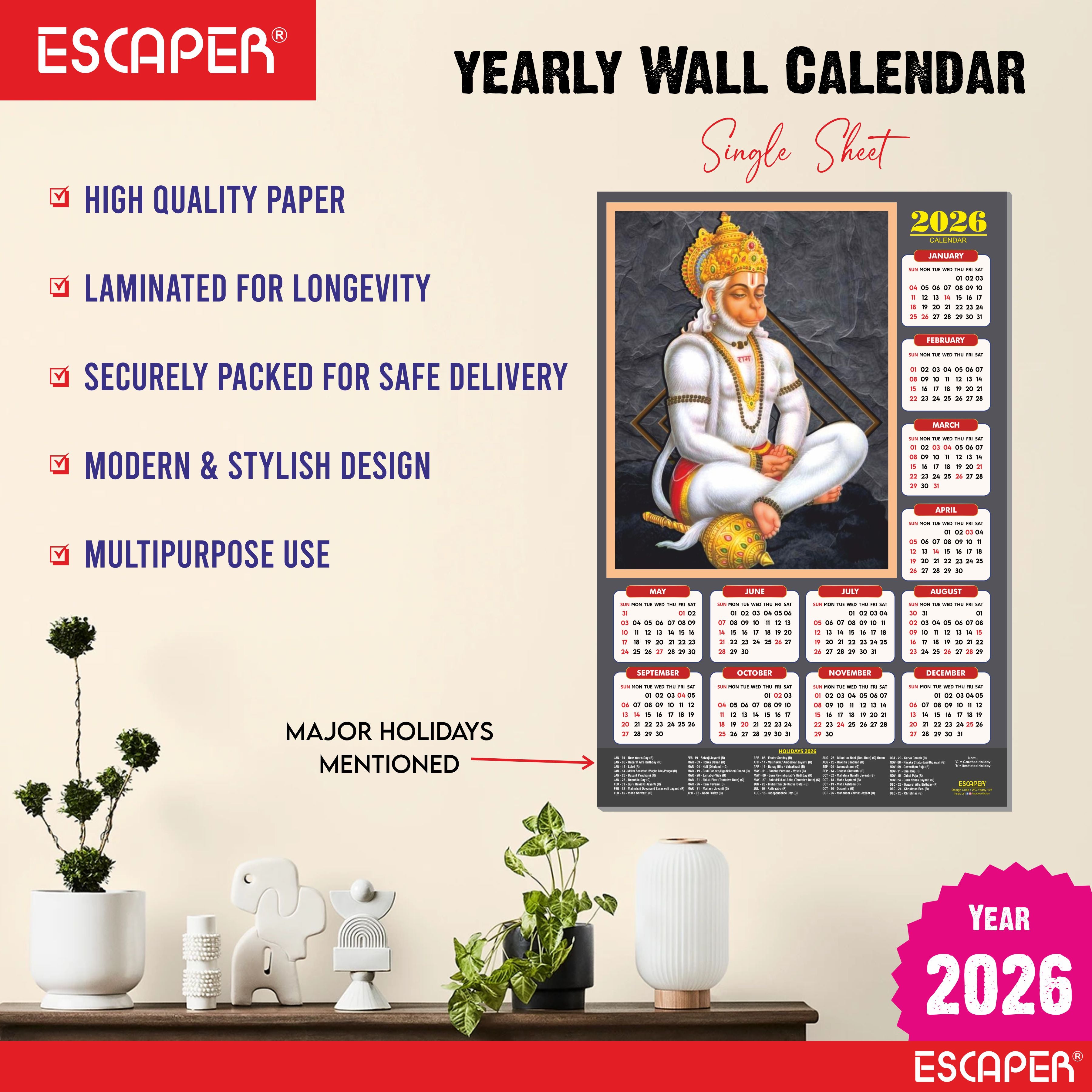Lord Hanuman Wall Calendar 2026 hanging (45 x 30 cm), Bajrangbali hanging, Hanuman Ji, Religious, Hindu God Wall Calendar 2026, New Year Calendar