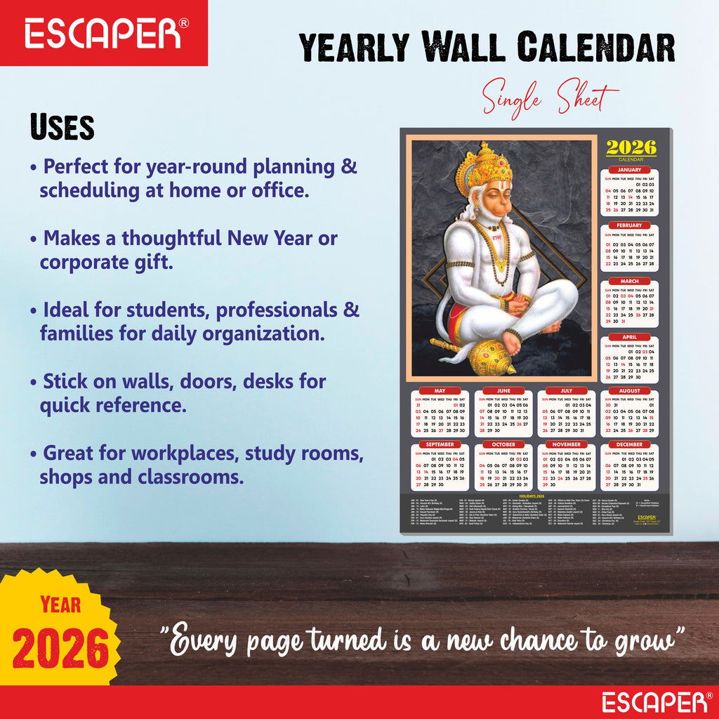 Lord Hanuman Wall Calendar 2026 hanging (45 x 30 cm), Bajrangbali hanging, Hanuman Ji, Religious, Hindu God Wall Calendar 2026, New Year Calendar