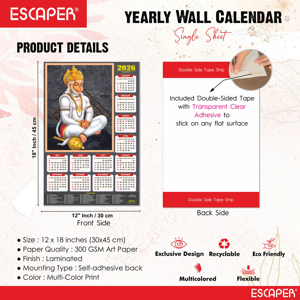 Lord Hanuman Wall Calendar 2026 hanging (45 x 30 cm), Bajrangbali hanging, Hanuman Ji, Religious, Hindu God Wall Calendar 2026, New Year Calendar