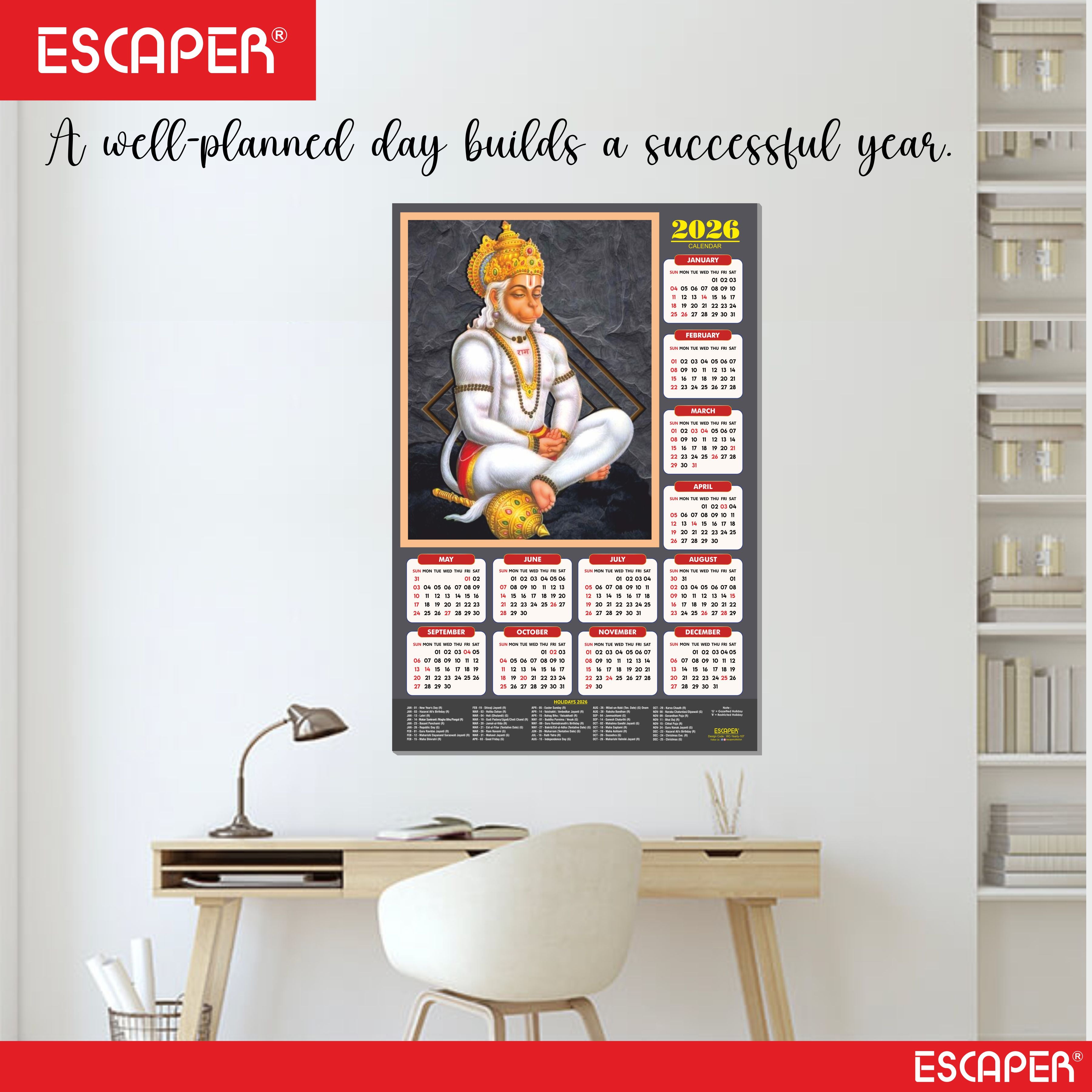 Lord Hanuman Wall Calendar 2026 hanging (45 x 30 cm), Bajrangbali hanging, Hanuman Ji, Religious, Hindu God Wall Calendar 2026, New Year Calendar