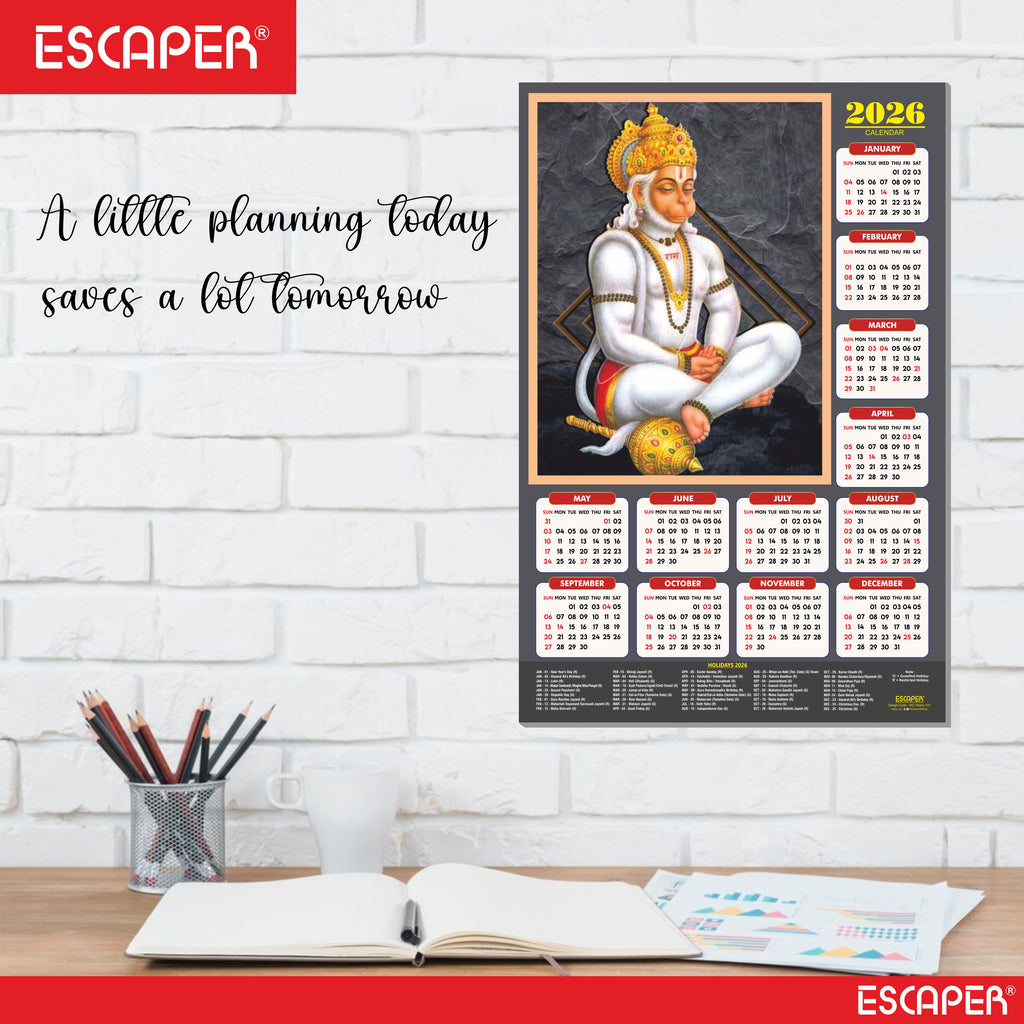 Lord Hanuman Wall Calendar 2026 hanging (45 x 30 cm), Bajrangbali hanging, Hanuman Ji, Religious, Hindu God Wall Calendar 2026, New Year Calendar
