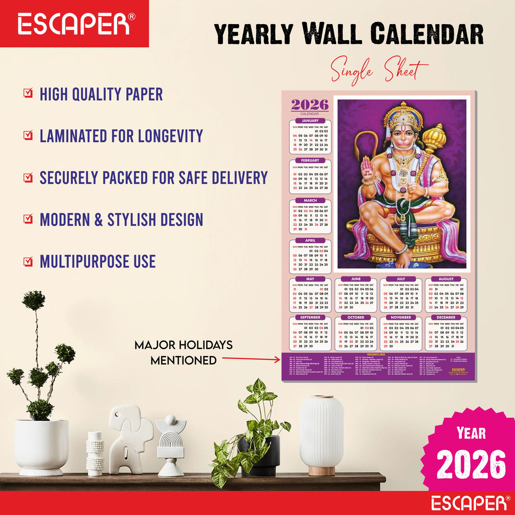 Lord Hanuman Wall Calendar 2026 hanging (45 x 30 cm), Bajrangbali hanging, Hanuman Ji Wall Calendar 2026, Religious, Hindu God, New Year Calendar 2026