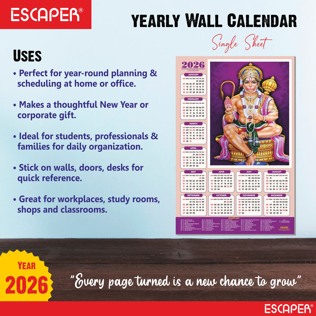 Lord Hanuman Wall Calendar 2026 hanging (45 x 30 cm), Bajrangbali hanging, Hanuman Ji Wall Calendar 2026, Religious, Hindu God, New Year Calendar 2026