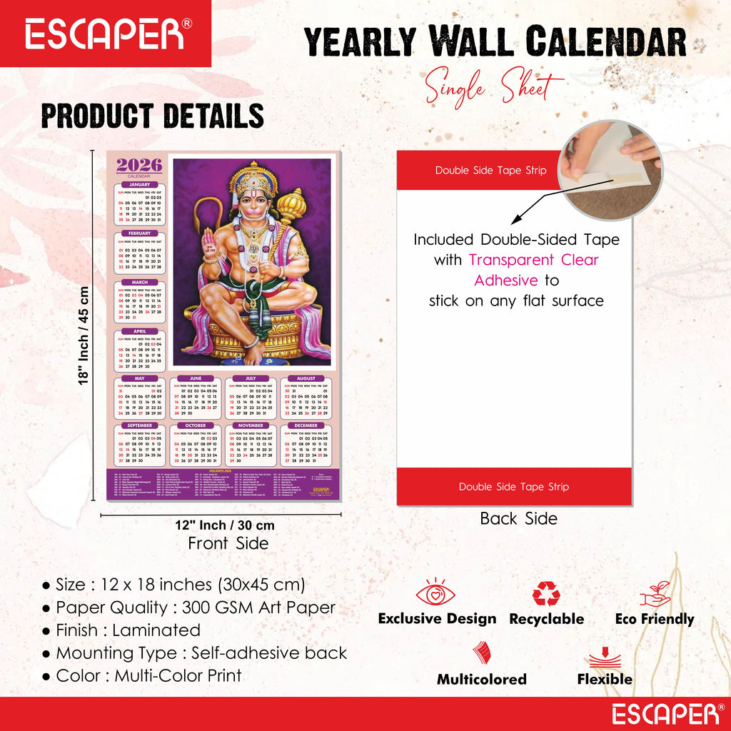 Lord Hanuman Wall Calendar 2026 hanging (45 x 30 cm), Bajrangbali hanging, Hanuman Ji Wall Calendar 2026, Religious, Hindu God, New Year Calendar 2026
