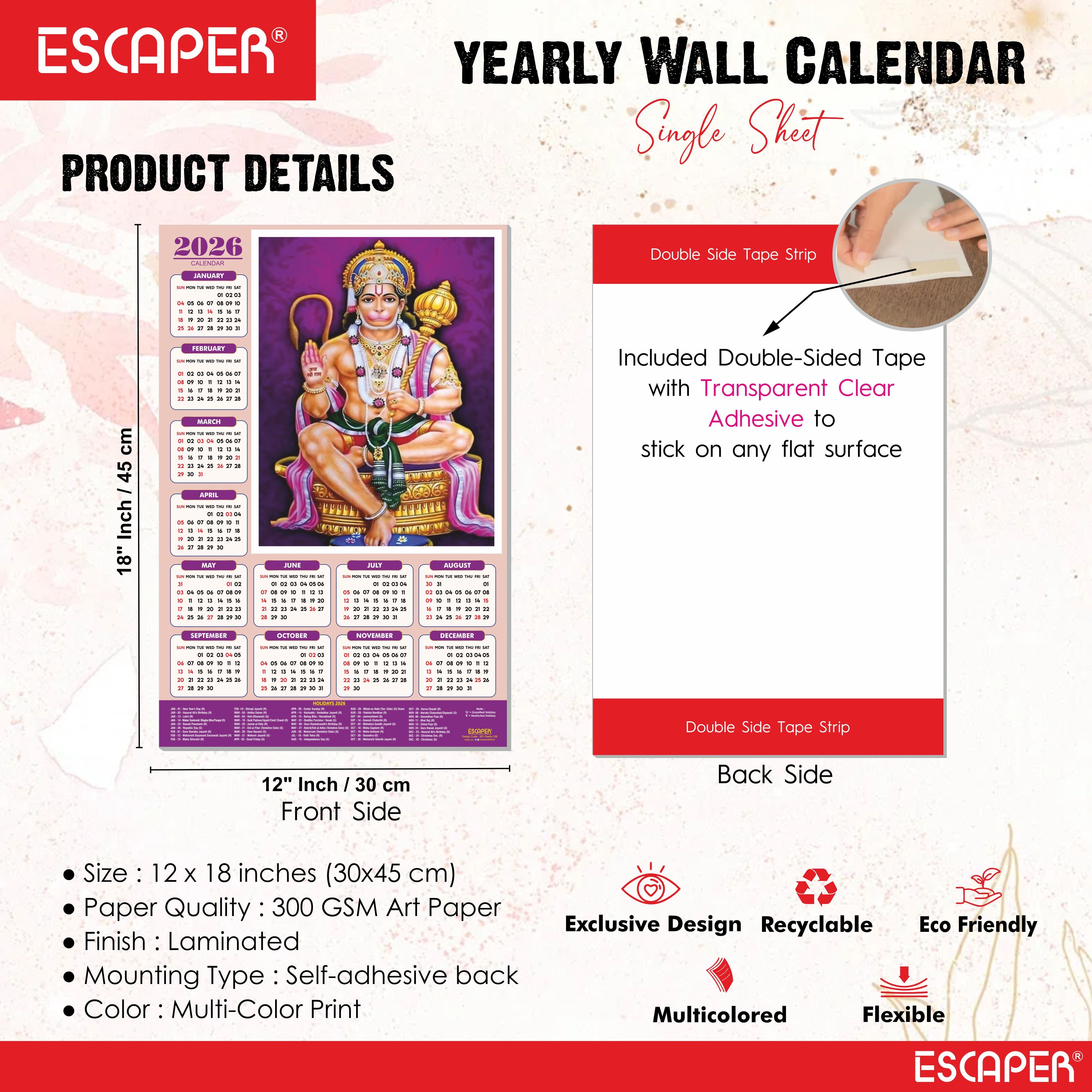 Lord Hanuman Wall Calendar 2026 hanging (45 x 30 cm), Bajrangbali hanging, Hanuman Ji Wall Calendar 2026, Religious, Hindu God, New Year Calendar 2026