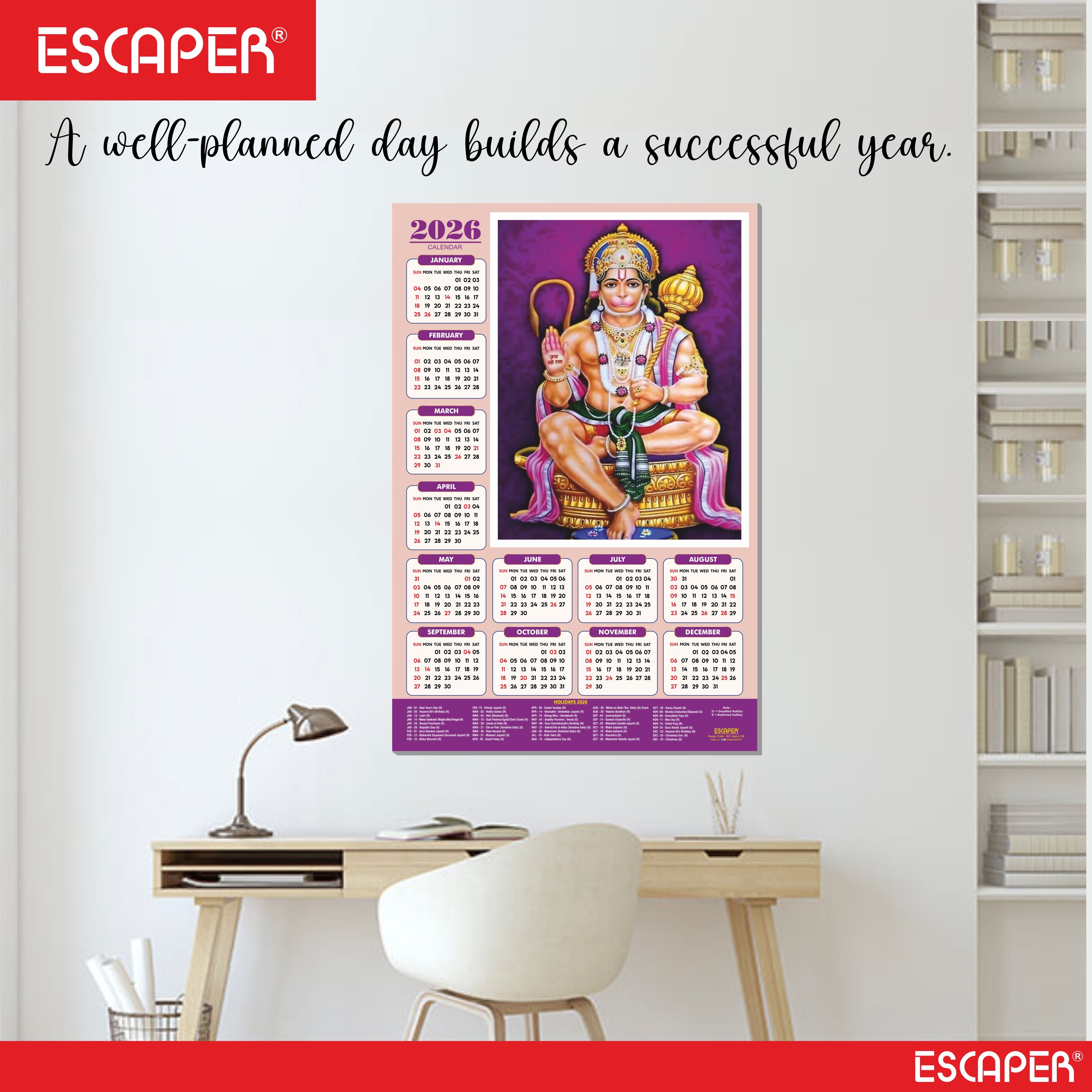 Lord Hanuman Wall Calendar 2026 hanging (45 x 30 cm), Bajrangbali hanging, Hanuman Ji Wall Calendar 2026, Religious, Hindu God, New Year Calendar 2026