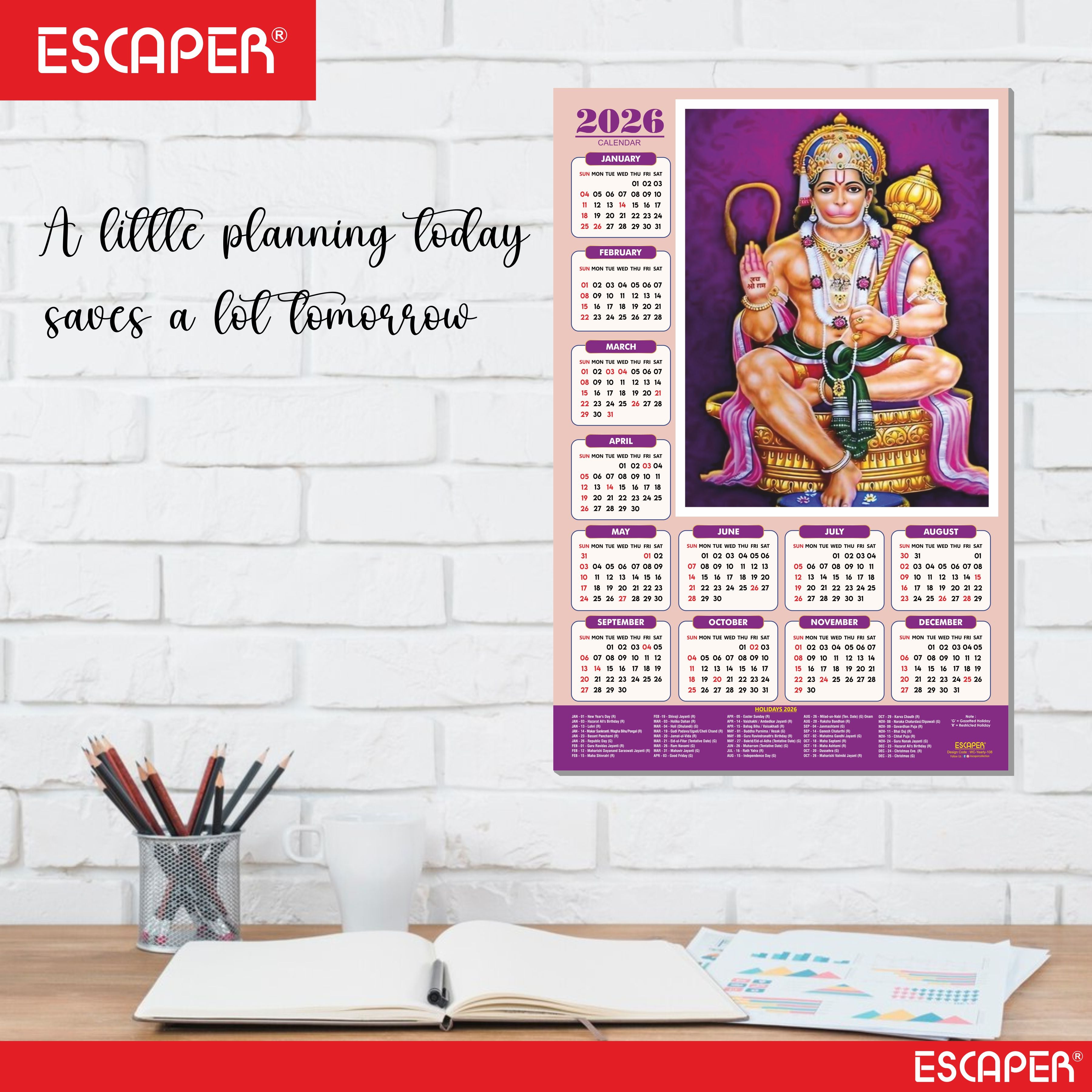 Lord Hanuman Wall Calendar 2026 hanging (45 x 30 cm), Bajrangbali hanging, Hanuman Ji Wall Calendar 2026, Religious, Hindu God, New Year Calendar 2026