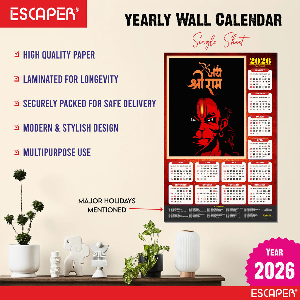 Lord Hanuman Wall Calendar 2026 hanging (45 x 30 cm), Bajrangbali hanging Wall Calendar 2026, Hanuman Ji, Religious, Hindu, New Year Calendar 2026
