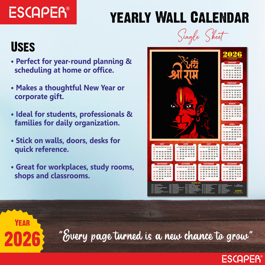 Lord Hanuman Wall Calendar 2026 hanging (45 x 30 cm), Bajrangbali hanging Wall Calendar 2026, Hanuman Ji, Religious, Hindu, New Year Calendar 2026