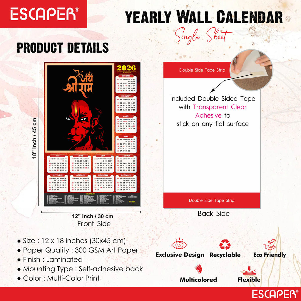 Lord Hanuman Wall Calendar 2026 hanging (45 x 30 cm), Bajrangbali hanging Wall Calendar 2026, Hanuman Ji, Religious, Hindu, New Year Calendar 2026