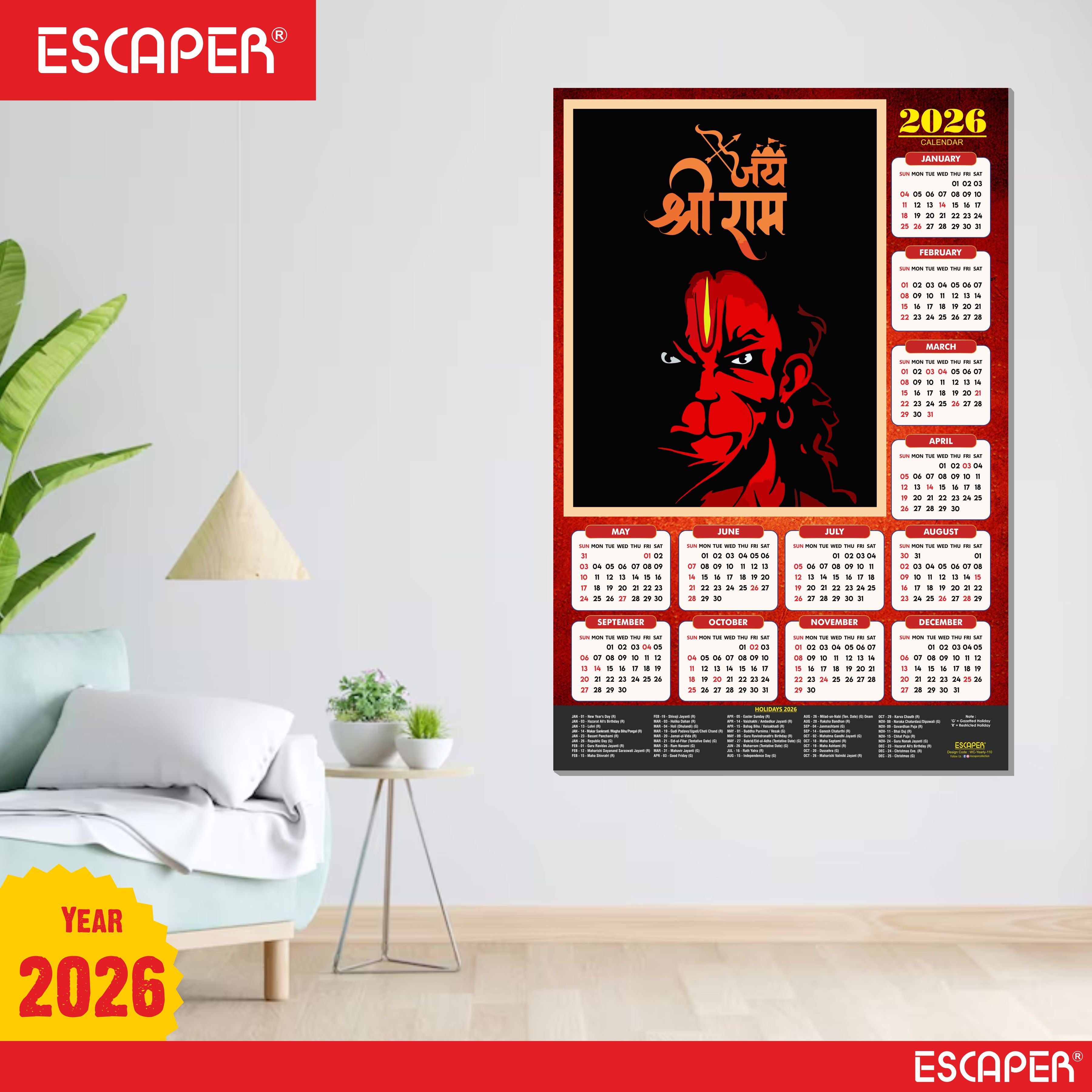 Lord Hanuman Wall Calendar 2026 hanging (45 x 30 cm), Bajrangbali hanging Wall Calendar 2026, Hanuman Ji, Religious, Hindu, New Year Calendar 2026