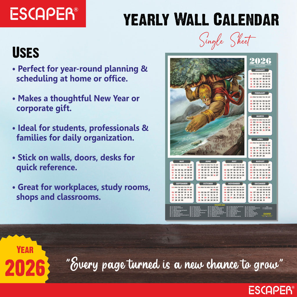 Lord Hanuman Wall Calendar 2026 hanging (45 x 30 cm), Bajrangbali hanging, Hanuman Ji Wall Calendar 2026, Religious, Hindu God, New Year Calendar 2026