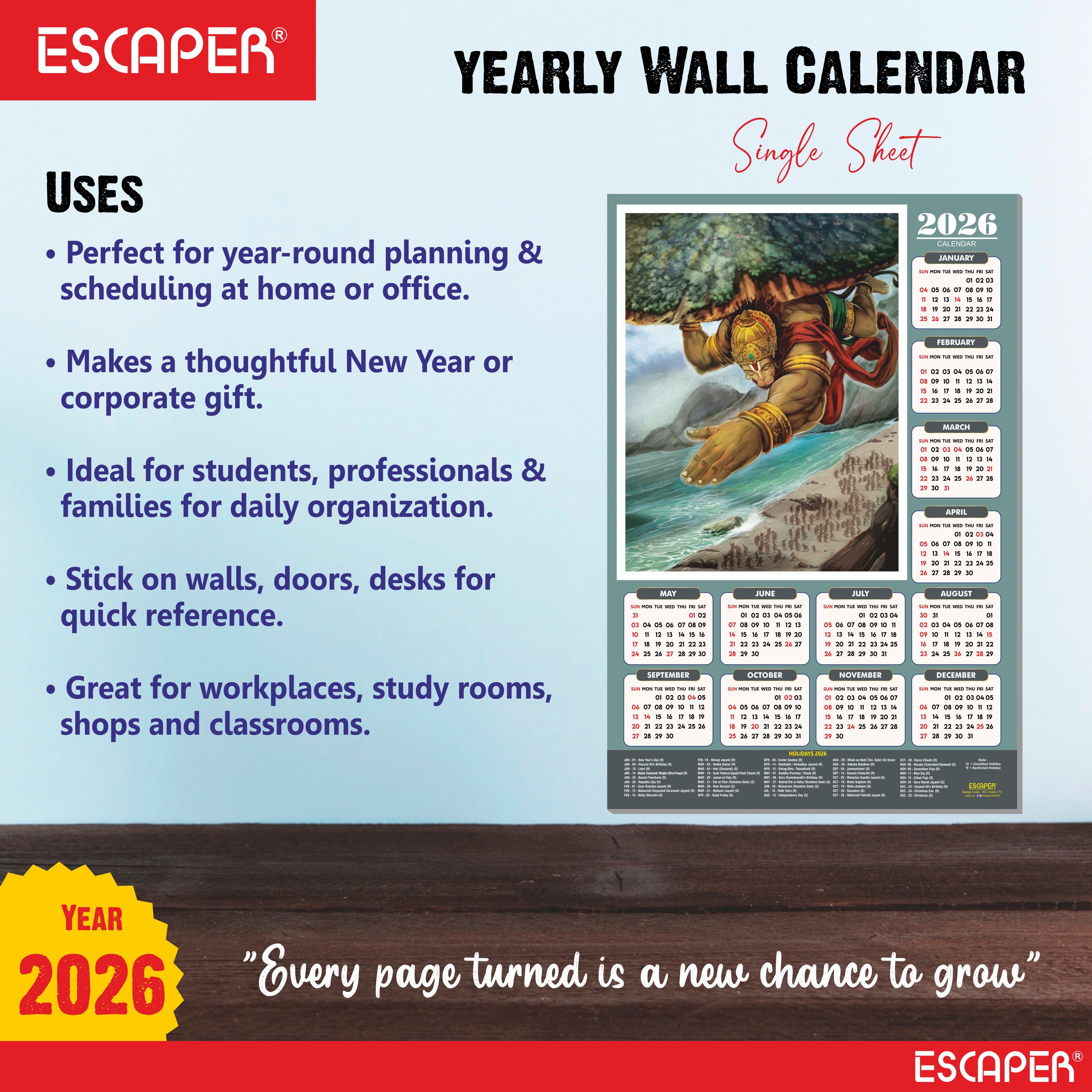 Lord Hanuman Wall Calendar 2026 hanging (45 x 30 cm), Bajrangbali hanging, Hanuman Ji Wall Calendar 2026, Religious, Hindu God, New Year Calendar 2026