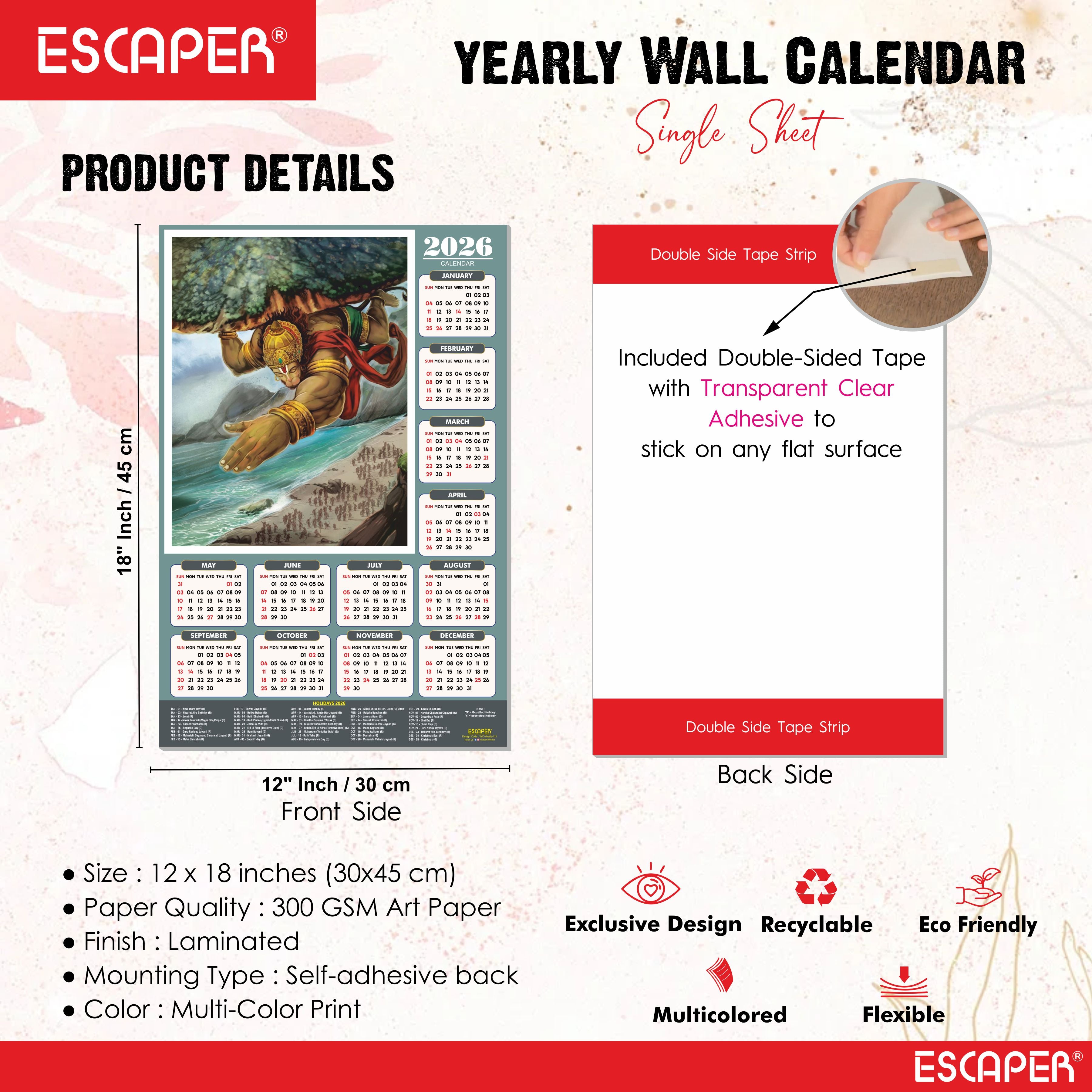 Lord Hanuman Wall Calendar 2026 hanging (45 x 30 cm), Bajrangbali hanging, Hanuman Ji Wall Calendar 2026, Religious, Hindu God, New Year Calendar 2026