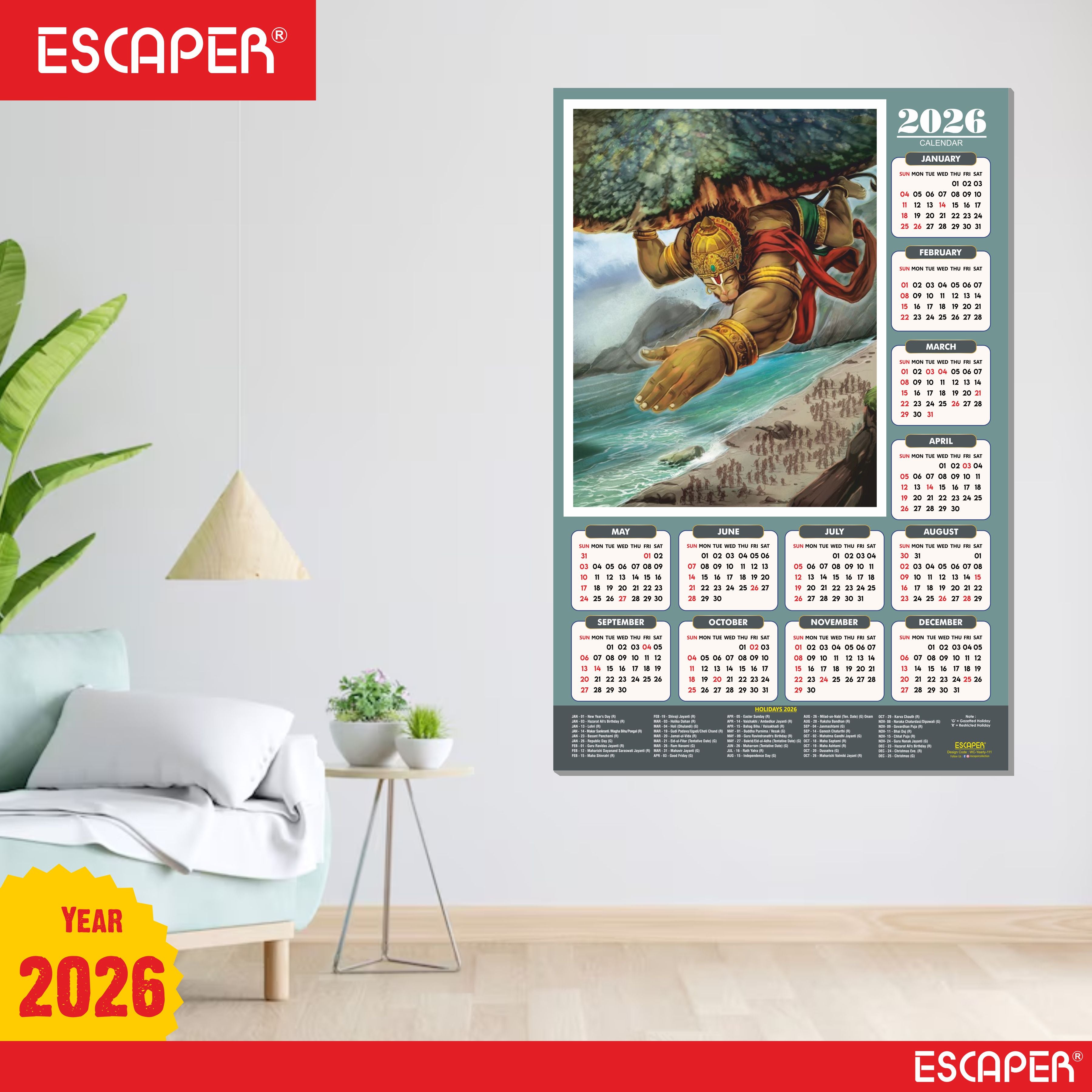 Lord Hanuman Wall Calendar 2026 hanging (45 x 30 cm), Bajrangbali hanging, Hanuman Ji Wall Calendar 2026, Religious, Hindu God, New Year Calendar 2026