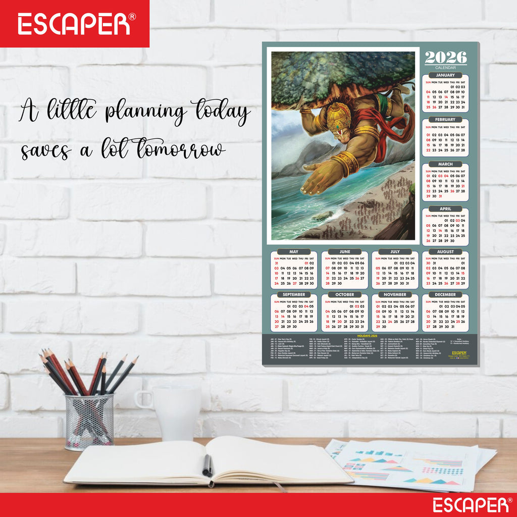 Lord Hanuman Wall Calendar 2026 hanging (45 x 30 cm), Bajrangbali hanging, Hanuman Ji Wall Calendar 2026, Religious, Hindu God, New Year Calendar 2026