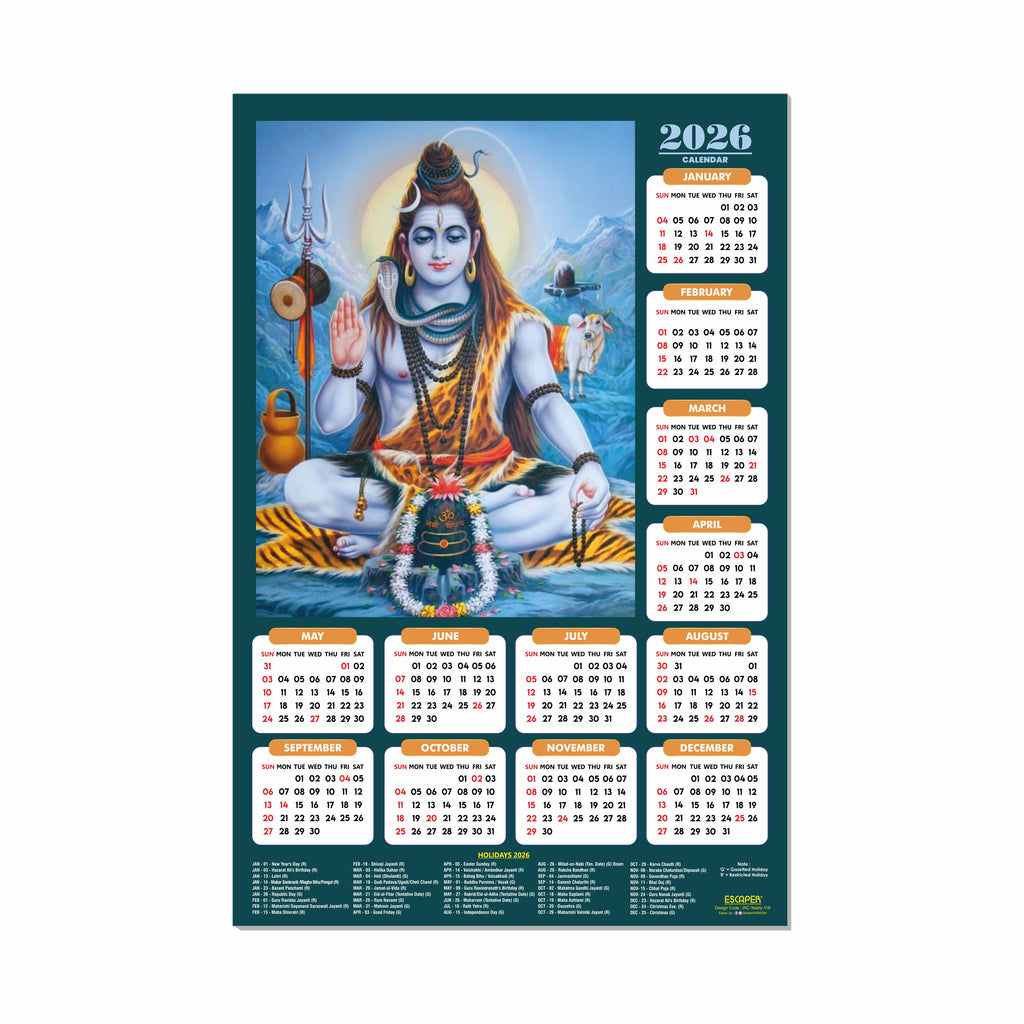 Lord Shiva Wall Calendar 2026 hanging (45 x 30 cm), Bholenath, Shanker Ji Photo, Mahadev Wall Calendar 2026, Shivji Calendar, Lord Shiva Wall Decor