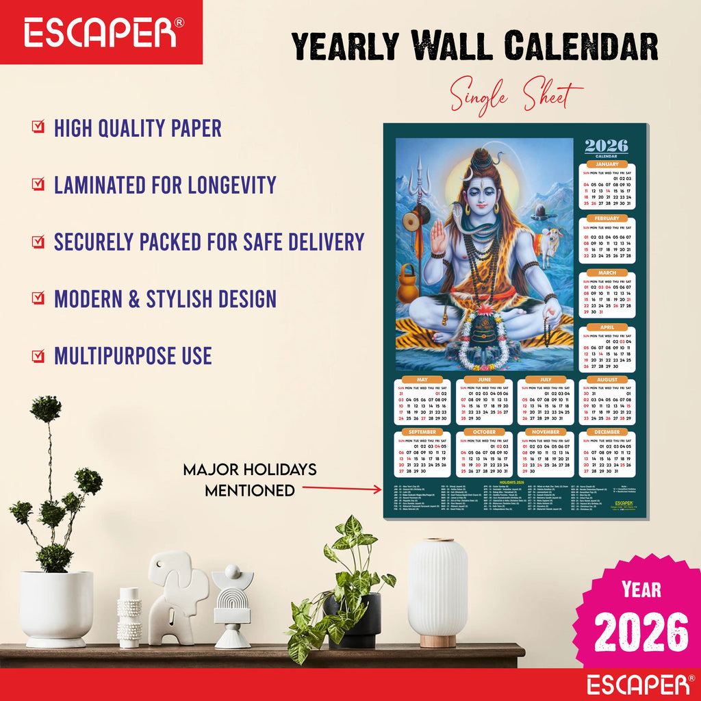 Lord Shiva Wall Calendar 2026 hanging (45 x 30 cm), Bholenath, Shanker Ji Photo, Mahadev Wall Calendar 2026, Shivji Calendar, Lord Shiva Wall Decor