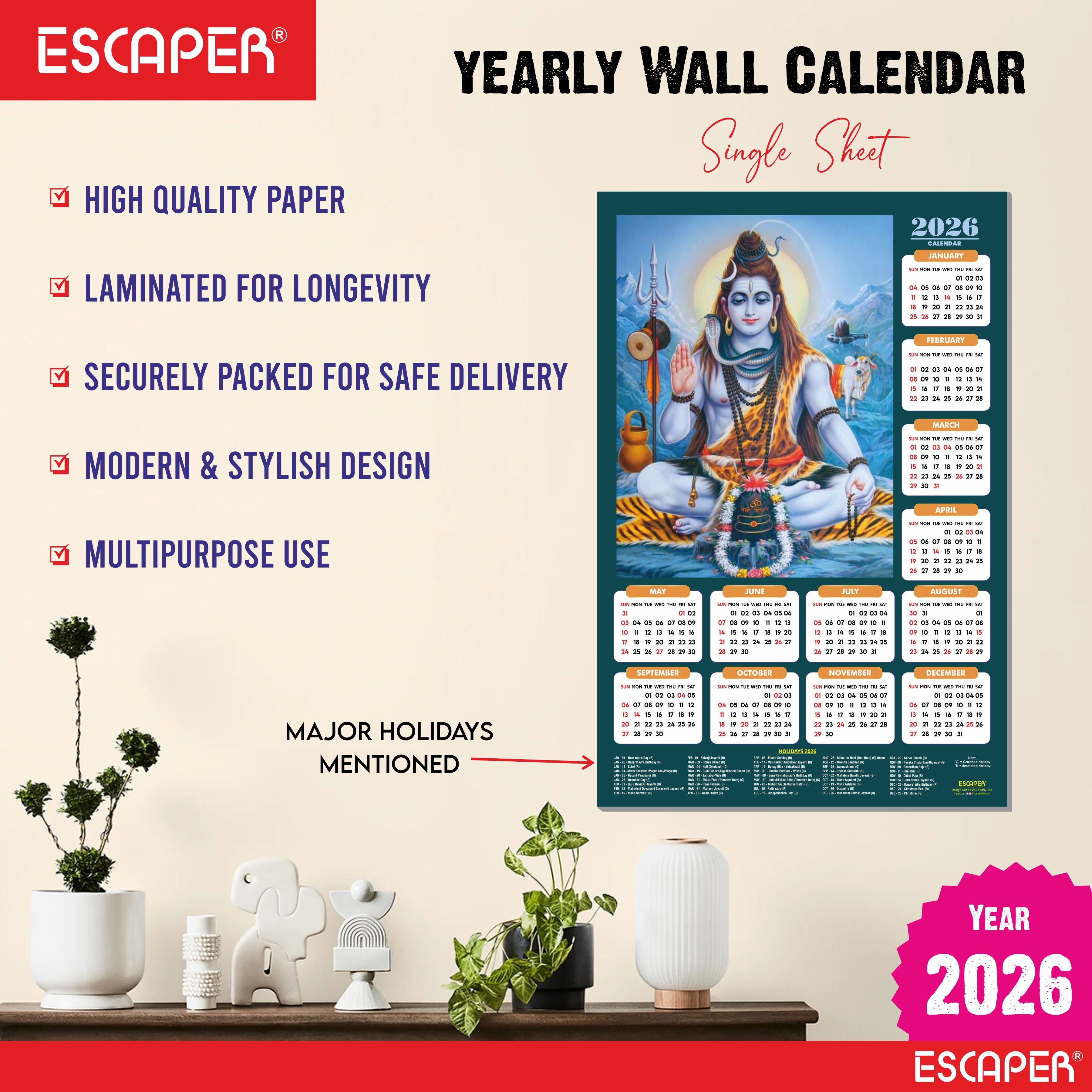 Lord Shiva Wall Calendar 2026 hanging (45 x 30 cm), Bholenath, Shanker Ji Photo, Mahadev Wall Calendar 2026, Shivji Calendar, Lord Shiva Wall Decor