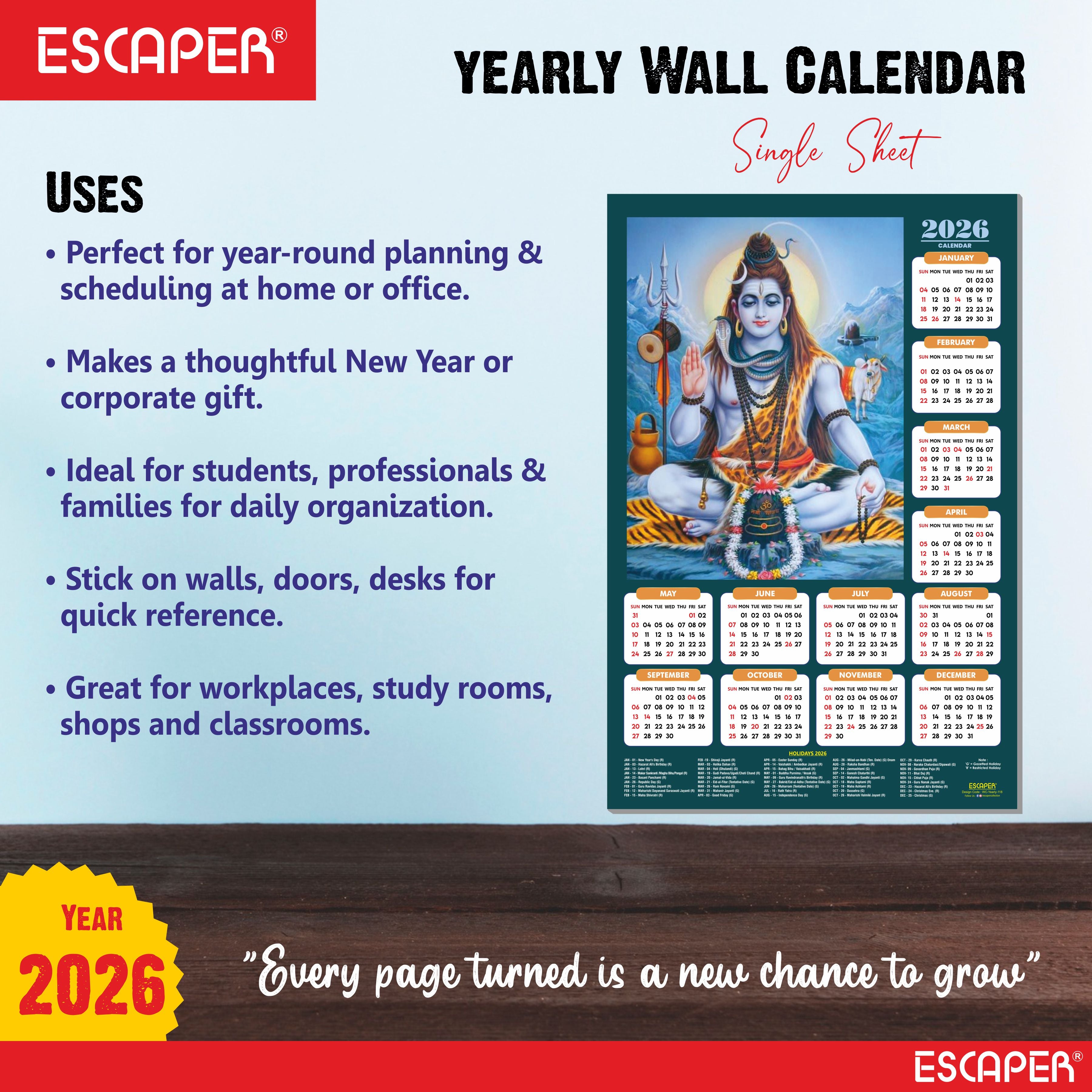 Lord Shiva Wall Calendar 2026 hanging (45 x 30 cm), Bholenath, Shanker Ji Photo, Mahadev Wall Calendar 2026, Shivji Calendar, Lord Shiva Wall Decor