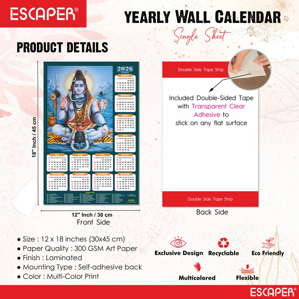 Lord Shiva Wall Calendar 2026 hanging (45 x 30 cm), Bholenath, Shanker Ji Photo, Mahadev Wall Calendar 2026, Shivji Calendar, Lord Shiva Wall Decor
