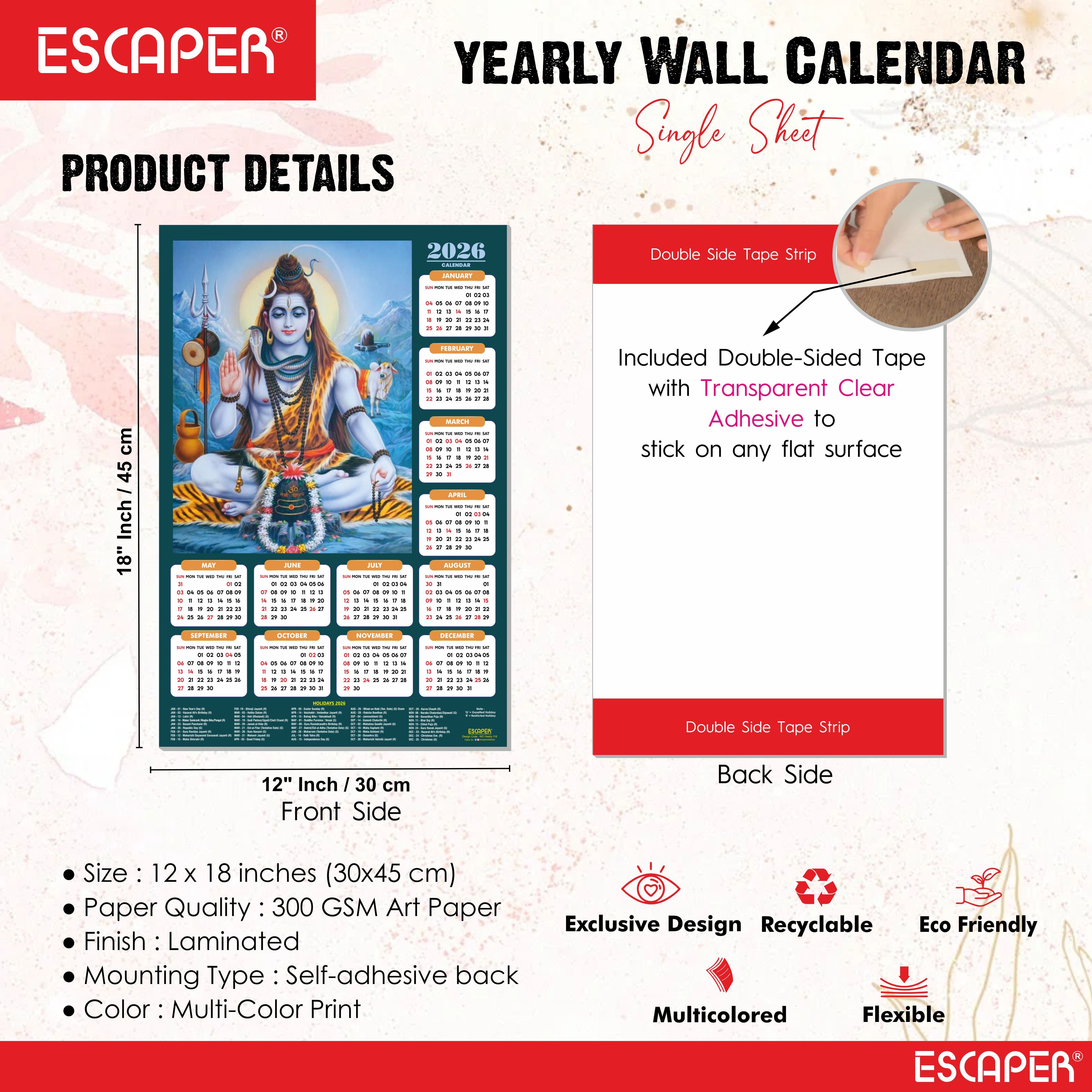 Lord Shiva Wall Calendar 2026 hanging (45 x 30 cm), Bholenath, Shanker Ji Photo, Mahadev Wall Calendar 2026, Shivji Calendar, Lord Shiva Wall Decor