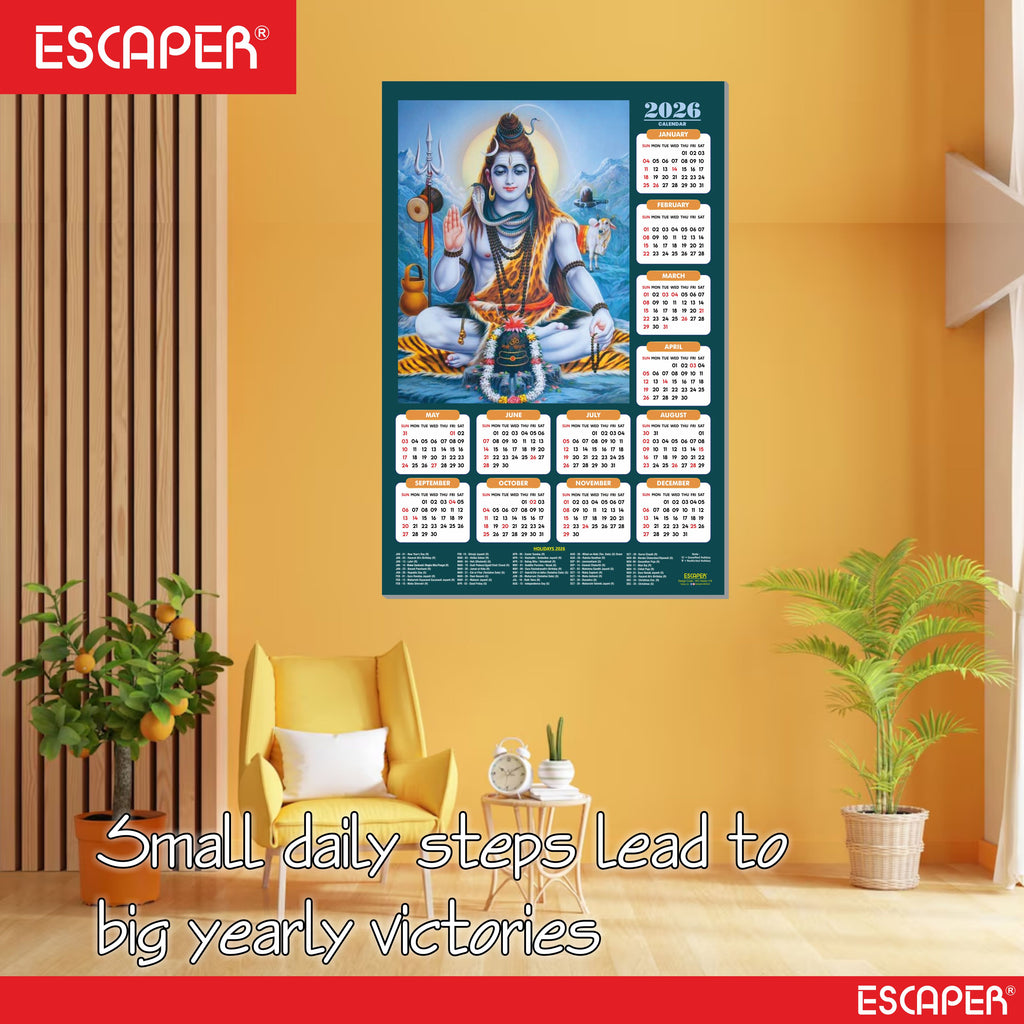 Lord Shiva Wall Calendar 2026 hanging (45 x 30 cm), Bholenath, Shanker Ji Photo, Mahadev Wall Calendar 2026, Shivji Calendar, Lord Shiva Wall Decor
