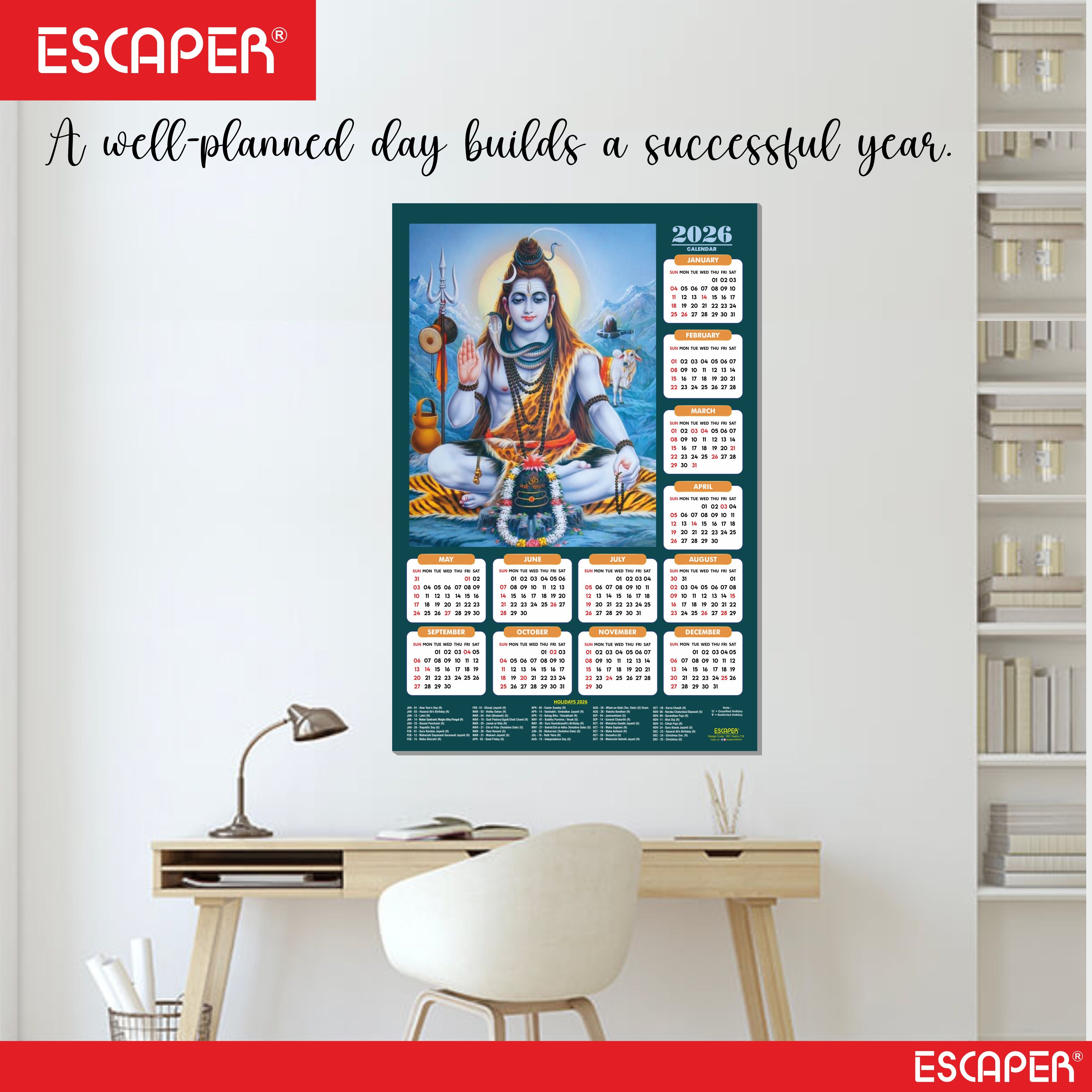 Lord Shiva Wall Calendar 2026 hanging (45 x 30 cm), Bholenath, Shanker Ji Photo, Mahadev Wall Calendar 2026, Shivji Calendar, Lord Shiva Wall Decor