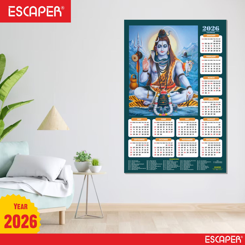 Lord Shiva Wall Calendar 2026 hanging (45 x 30 cm), Bholenath, Shanker Ji Photo, Mahadev Wall Calendar 2026, Shivji Calendar, Lord Shiva Wall Decor