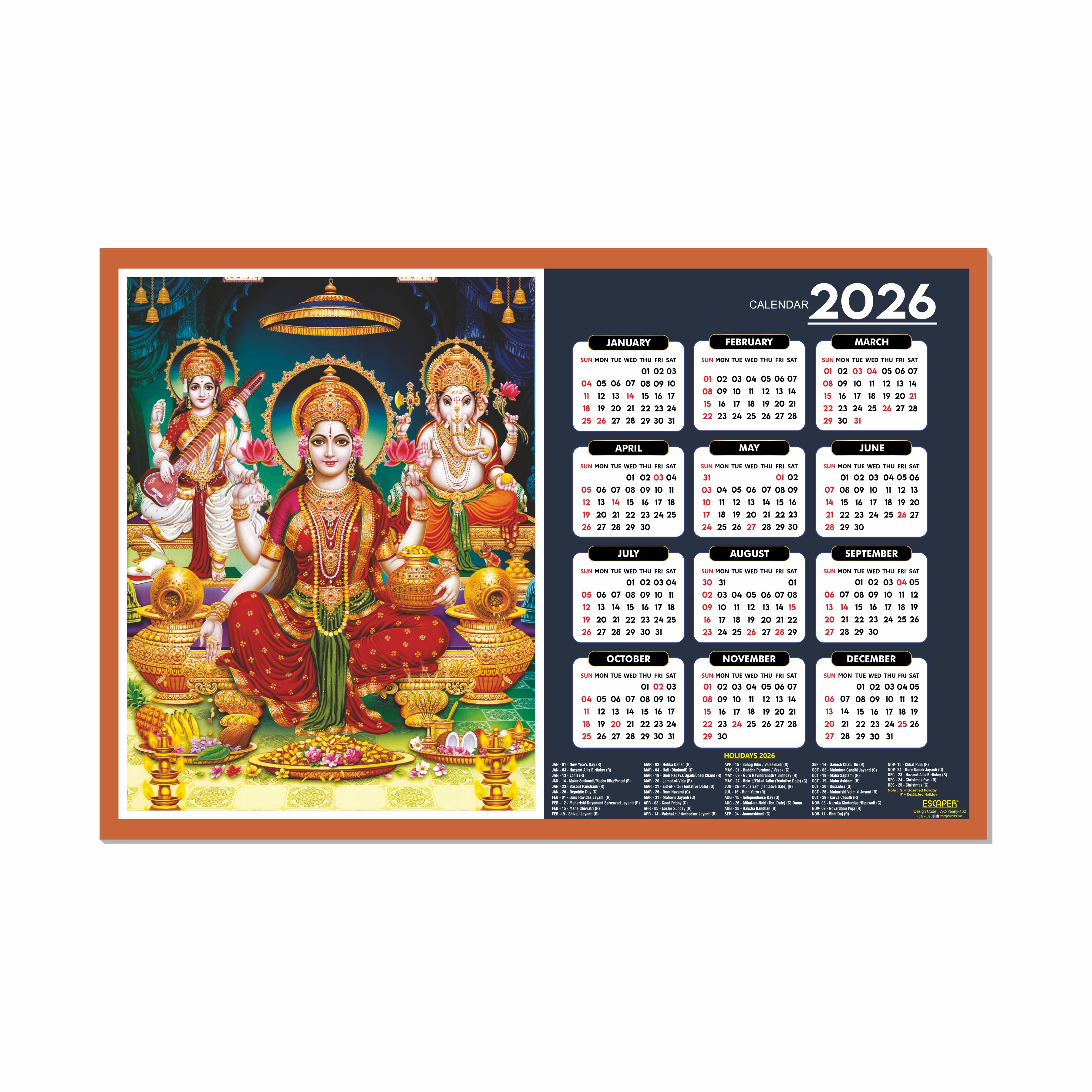 Goddess Lakshmi Wall Calendar 2026 hanging (45 x 30 cm), Laxmi Ji Pana, Laxmi Devi, Durga, Saraswati Maa Wall Calendar 2026, Kali Mata Photo, Sherawali Mata