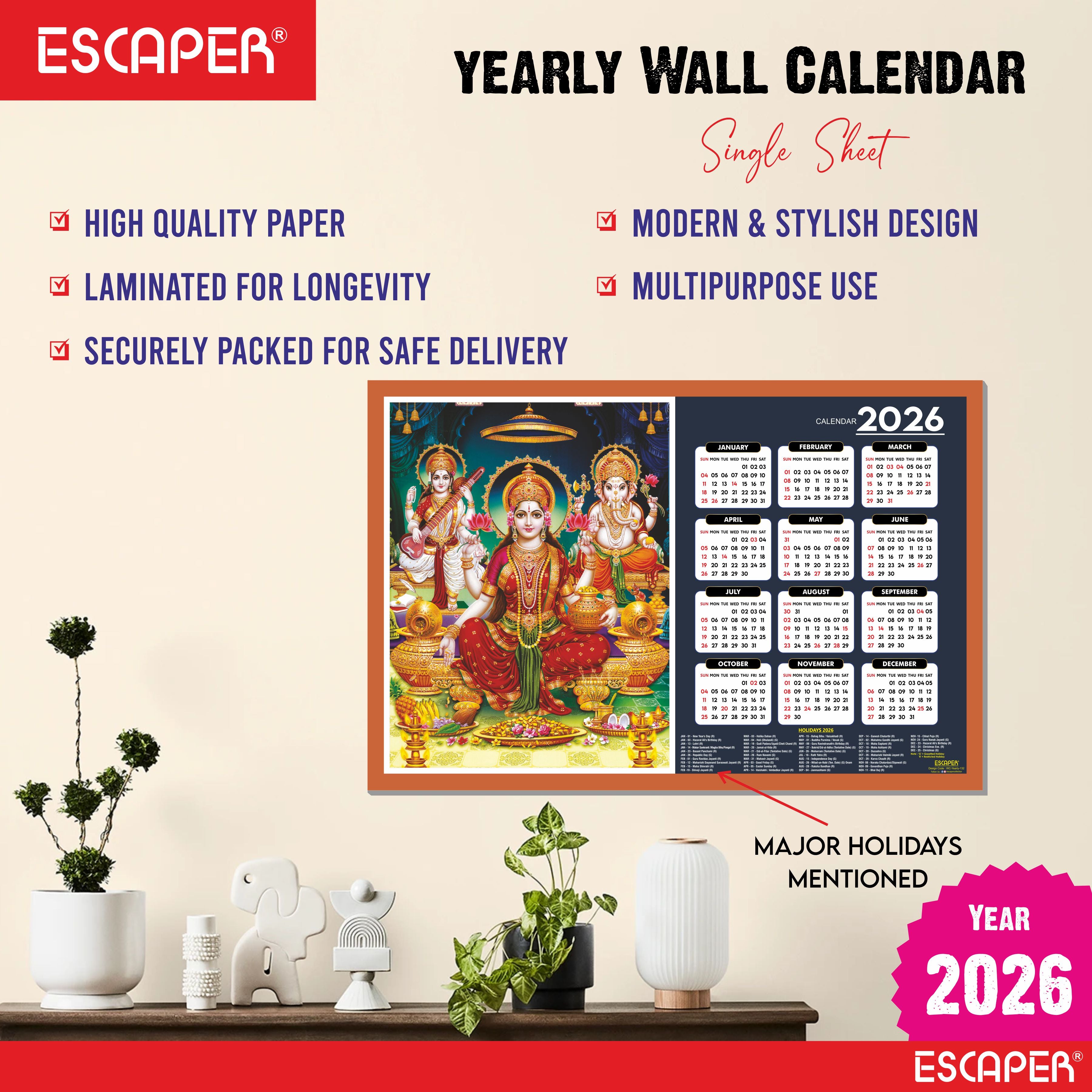 Goddess Lakshmi Wall Calendar 2026 hanging (45 x 30 cm), Laxmi Ji Pana, Laxmi Devi, Durga, Saraswati Maa Wall Calendar 2026, Kali Mata Photo, Sherawali Mata