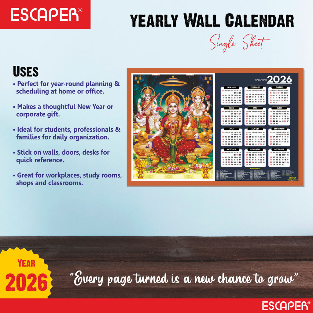 Goddess Lakshmi Wall Calendar 2026 hanging (45 x 30 cm), Laxmi Ji Pana, Laxmi Devi, Durga, Saraswati Maa Wall Calendar 2026, Kali Mata Photo, Sherawali Mata