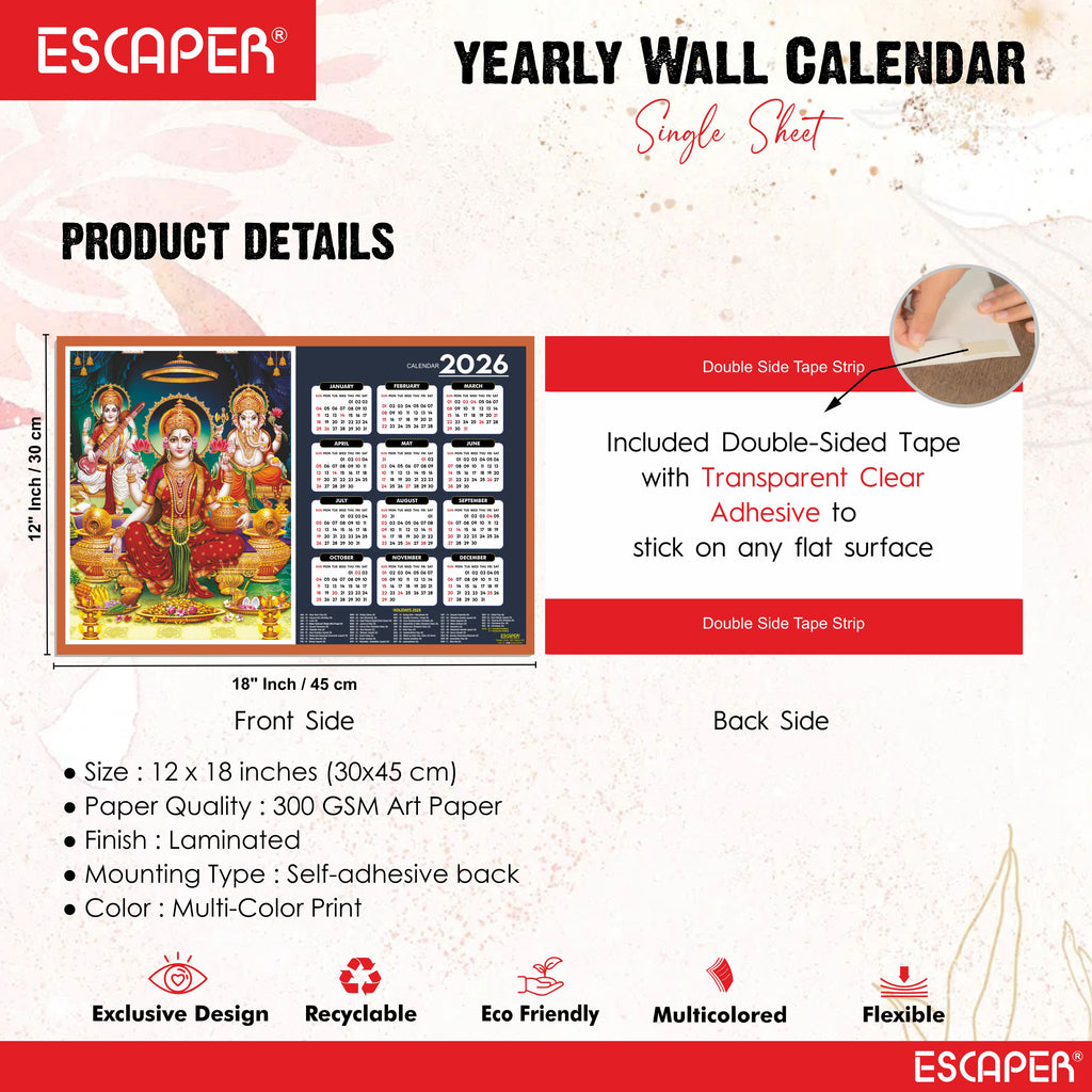 Goddess Lakshmi Wall Calendar 2026 hanging (45 x 30 cm), Laxmi Ji Pana, Laxmi Devi, Durga, Saraswati Maa Wall Calendar 2026, Kali Mata Photo, Sherawali Mata