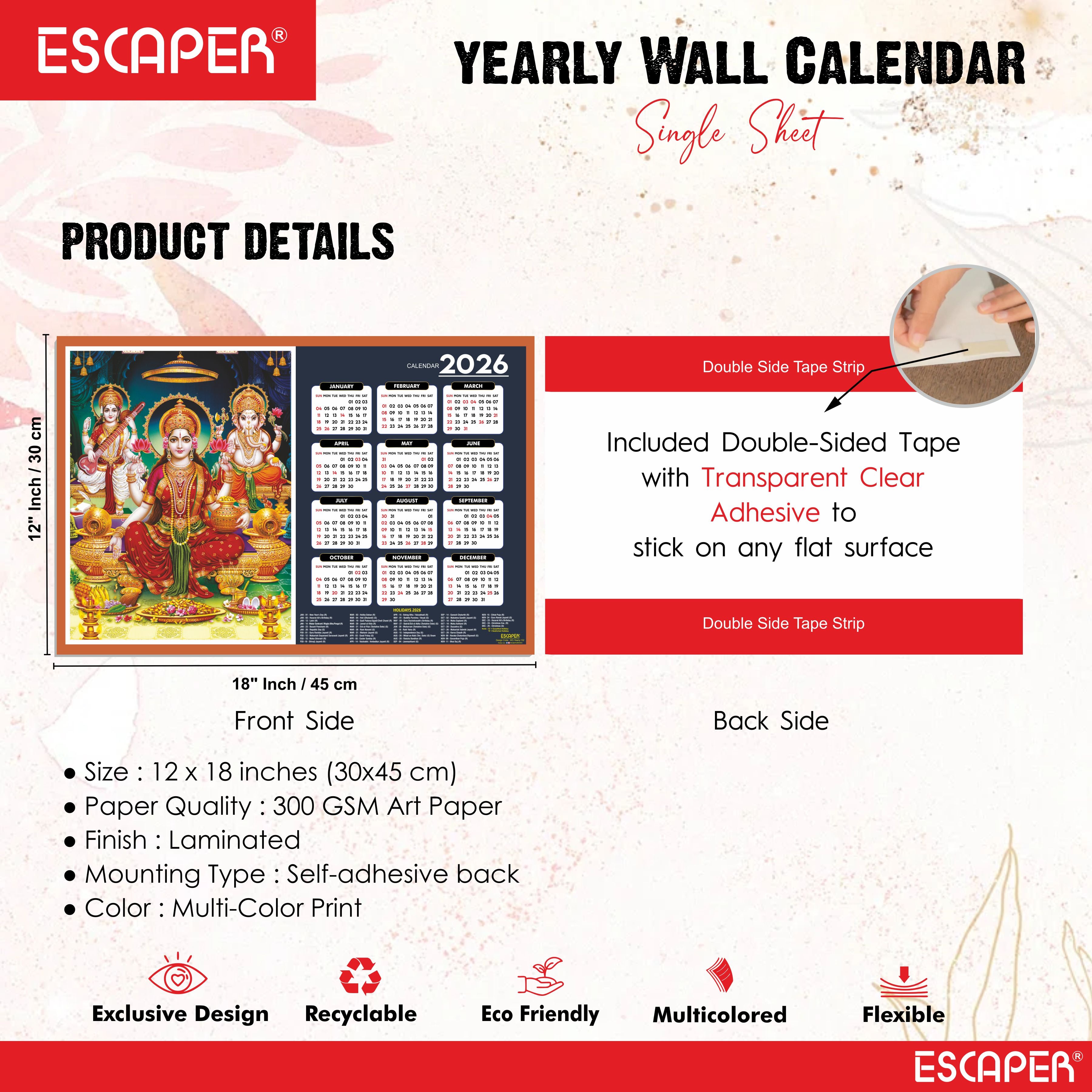 Goddess Lakshmi Wall Calendar 2026 hanging (45 x 30 cm), Laxmi Ji Pana, Laxmi Devi, Durga, Saraswati Maa Wall Calendar 2026, Kali Mata Photo, Sherawali Mata