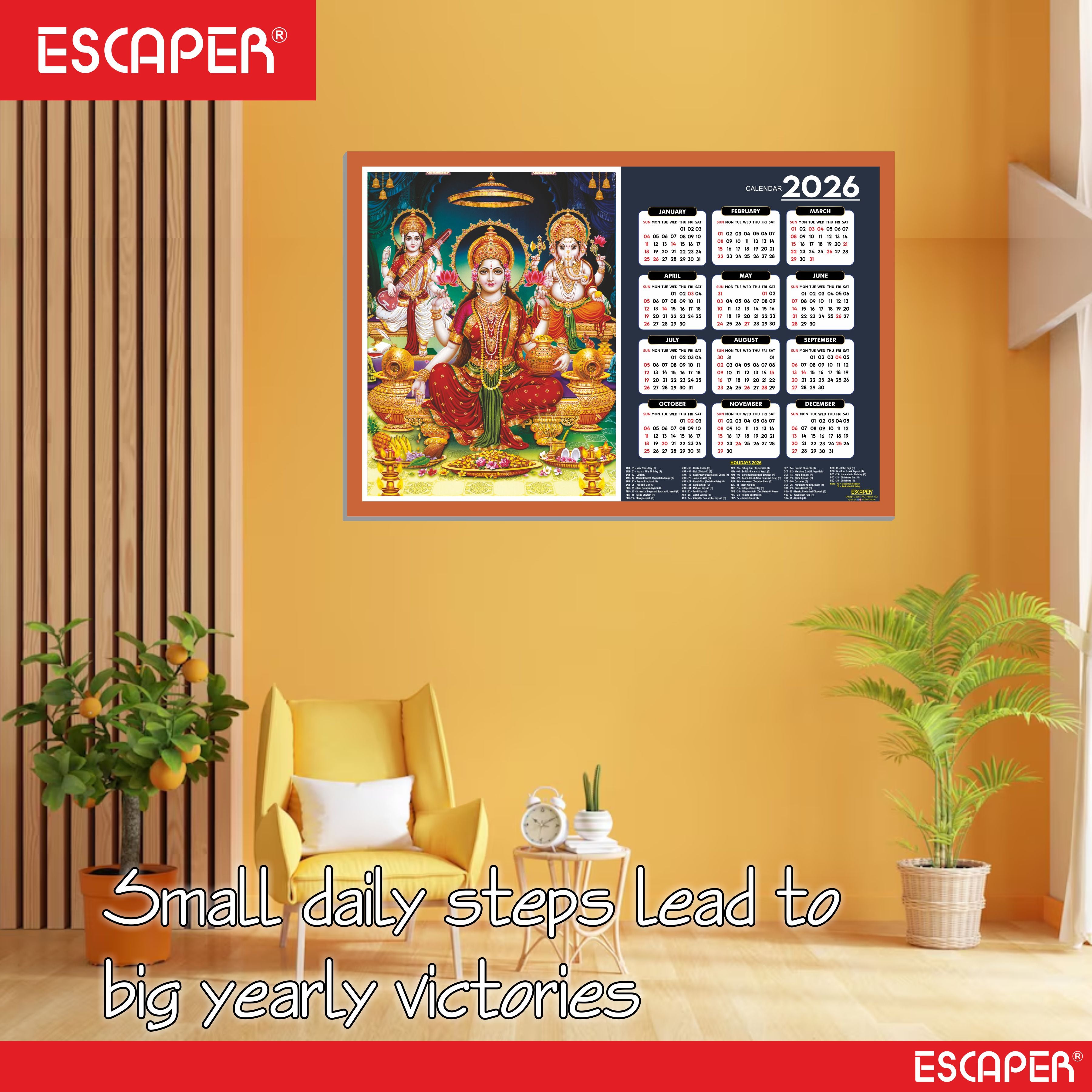 Goddess Lakshmi Wall Calendar 2026 hanging (45 x 30 cm), Laxmi Ji Pana, Laxmi Devi, Durga, Saraswati Maa Wall Calendar 2026, Kali Mata Photo, Sherawali Mata
