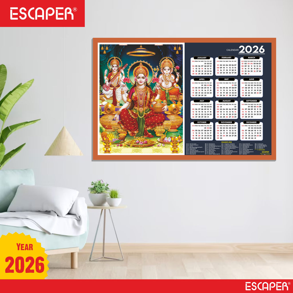 Goddess Lakshmi Wall Calendar 2026 hanging (45 x 30 cm), Laxmi Ji Pana, Laxmi Devi, Durga, Saraswati Maa Wall Calendar 2026, Kali Mata Photo, Sherawali Mata