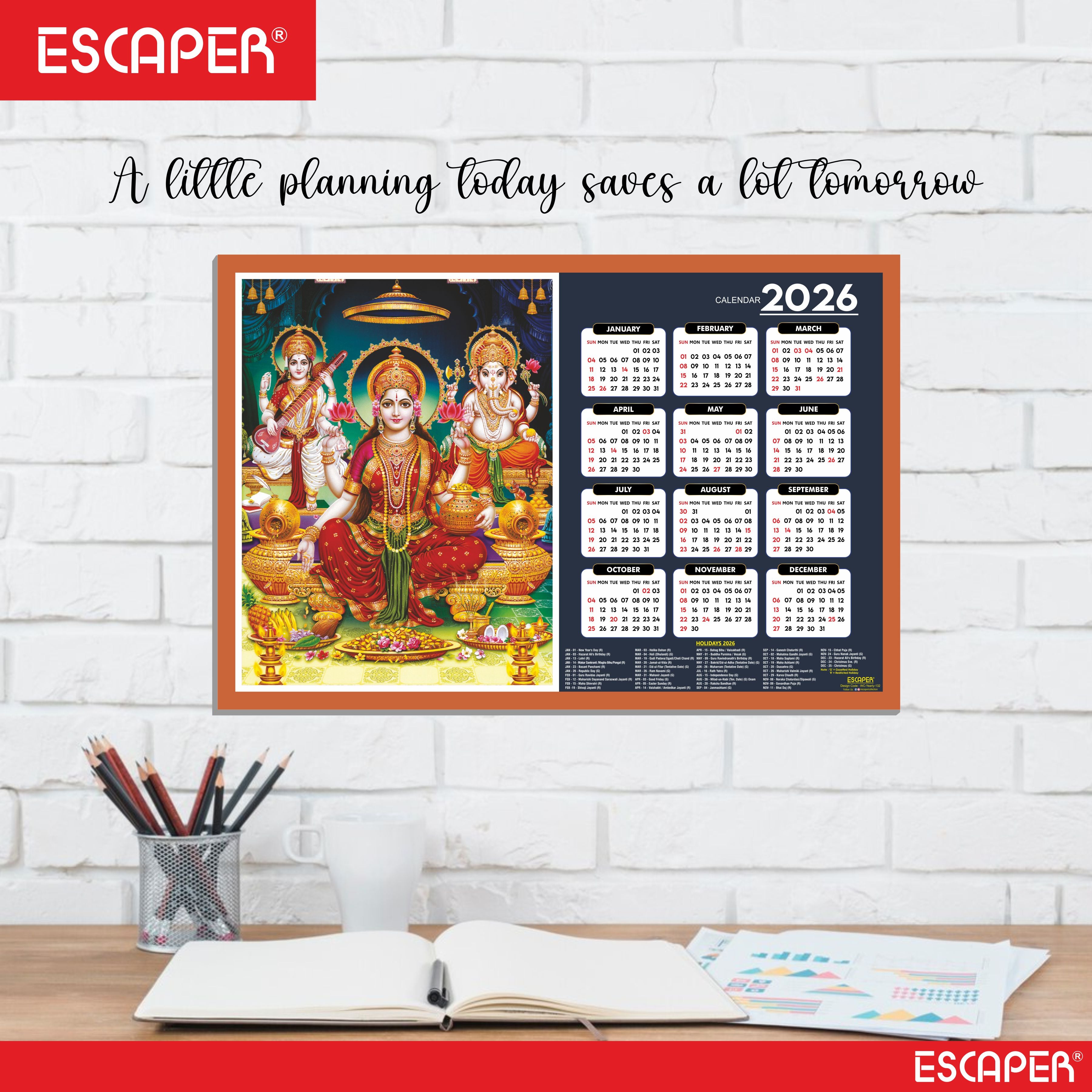 Goddess Lakshmi Wall Calendar 2026 hanging (45 x 30 cm), Laxmi Ji Pana, Laxmi Devi, Durga, Saraswati Maa Wall Calendar 2026, Kali Mata Photo, Sherawali Mata