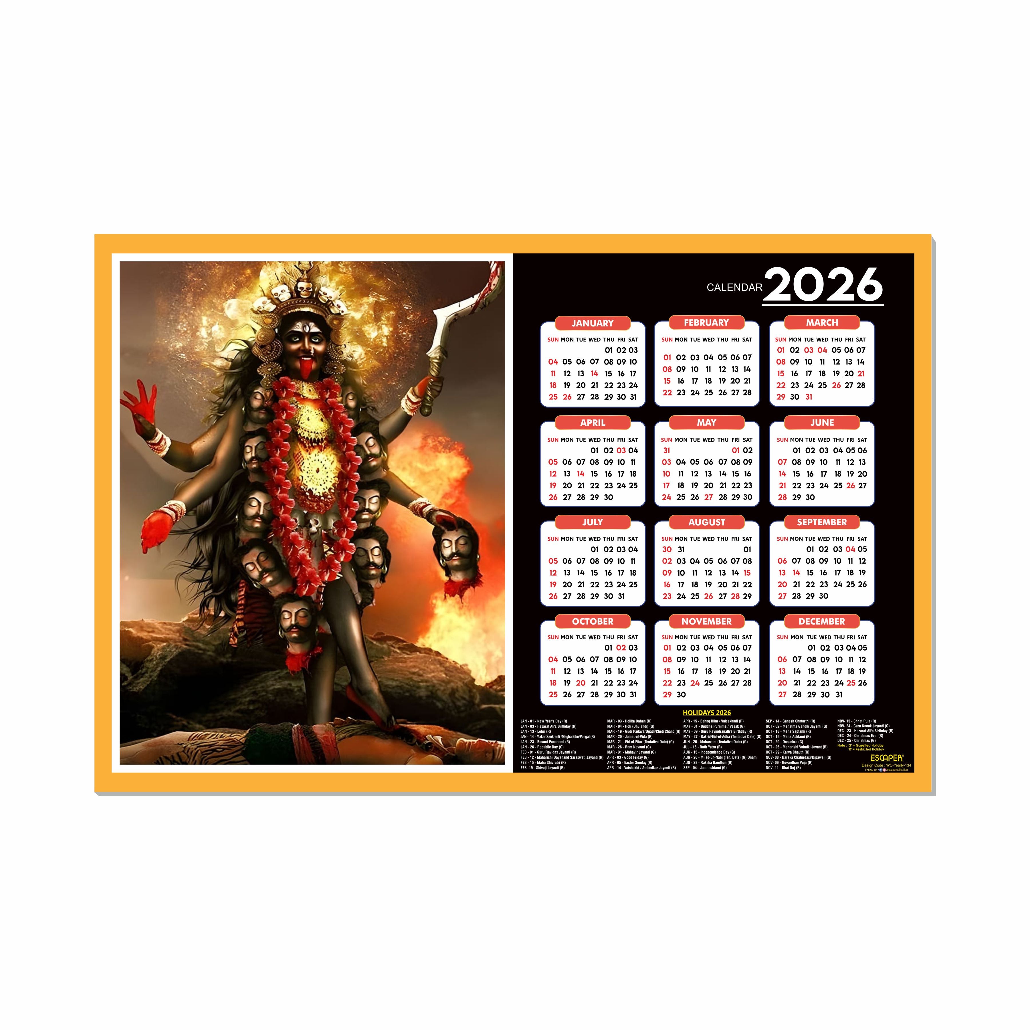 Goddess Kali Ma Wall Calendar 2026 hanging (45 x 30 cm), Religious Wall Calendar 2026, Kali Mata Photo For Home, Pooja Room, Wall Decor