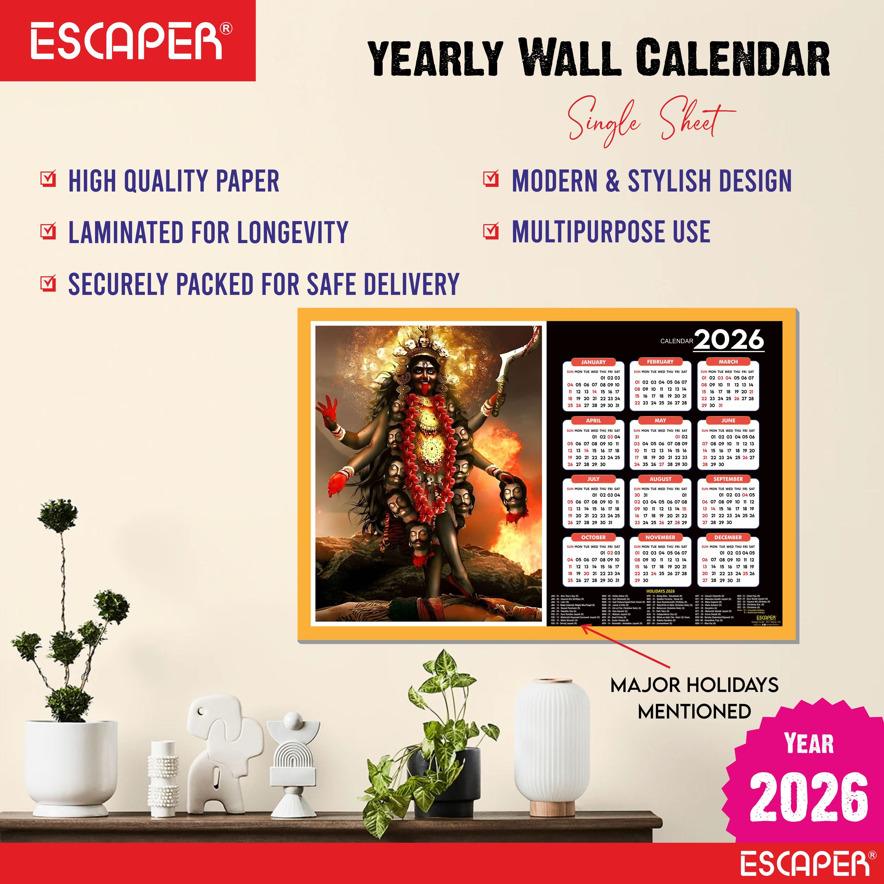 Goddess Kali Ma Wall Calendar 2026 hanging (45 x 30 cm), Religious Wall Calendar 2026, Kali Mata Photo For Home, Pooja Room, Wall Decor