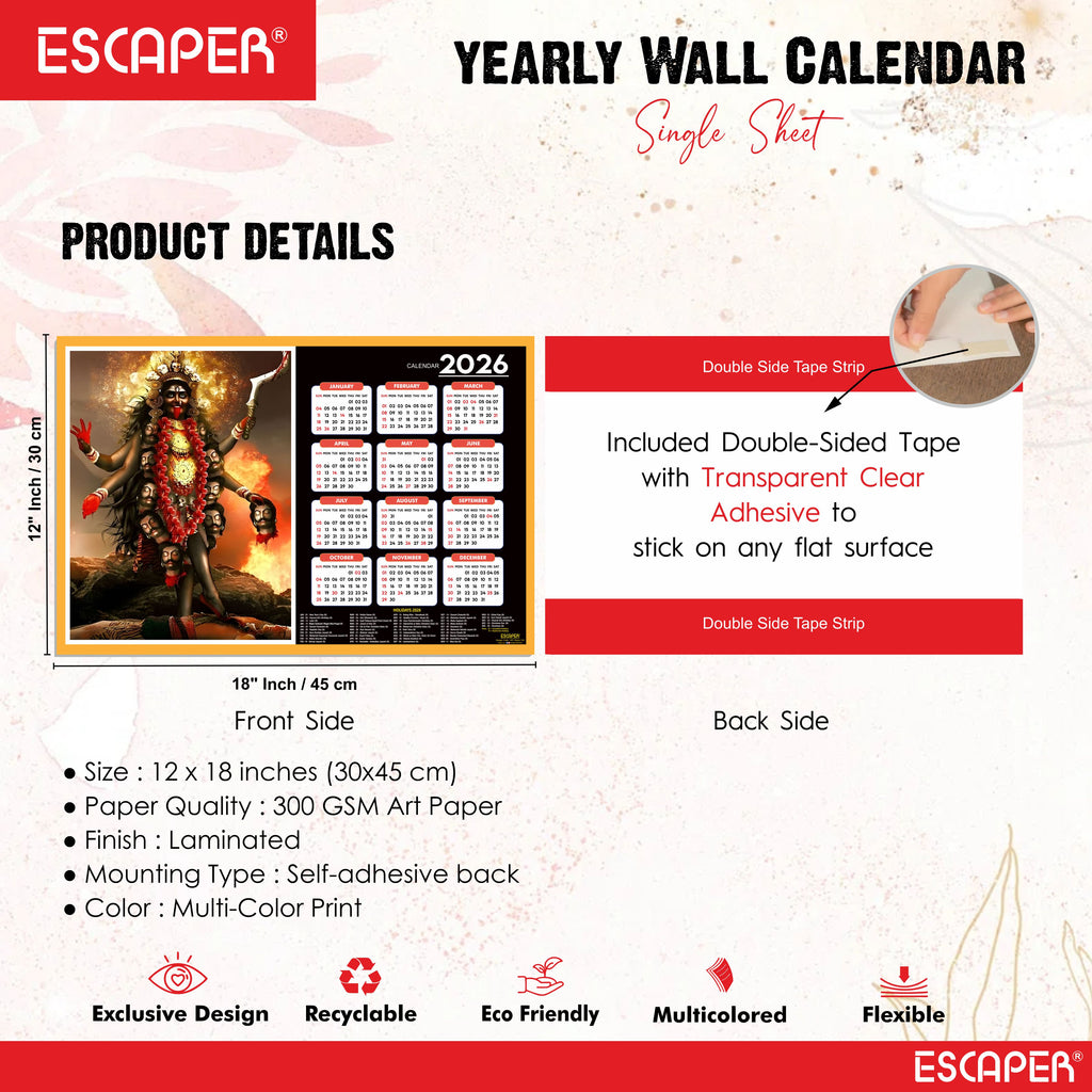 Goddess Kali Ma Wall Calendar 2026 hanging (45 x 30 cm), Religious Wall Calendar 2026, Kali Mata Photo For Home, Pooja Room, Wall Decor