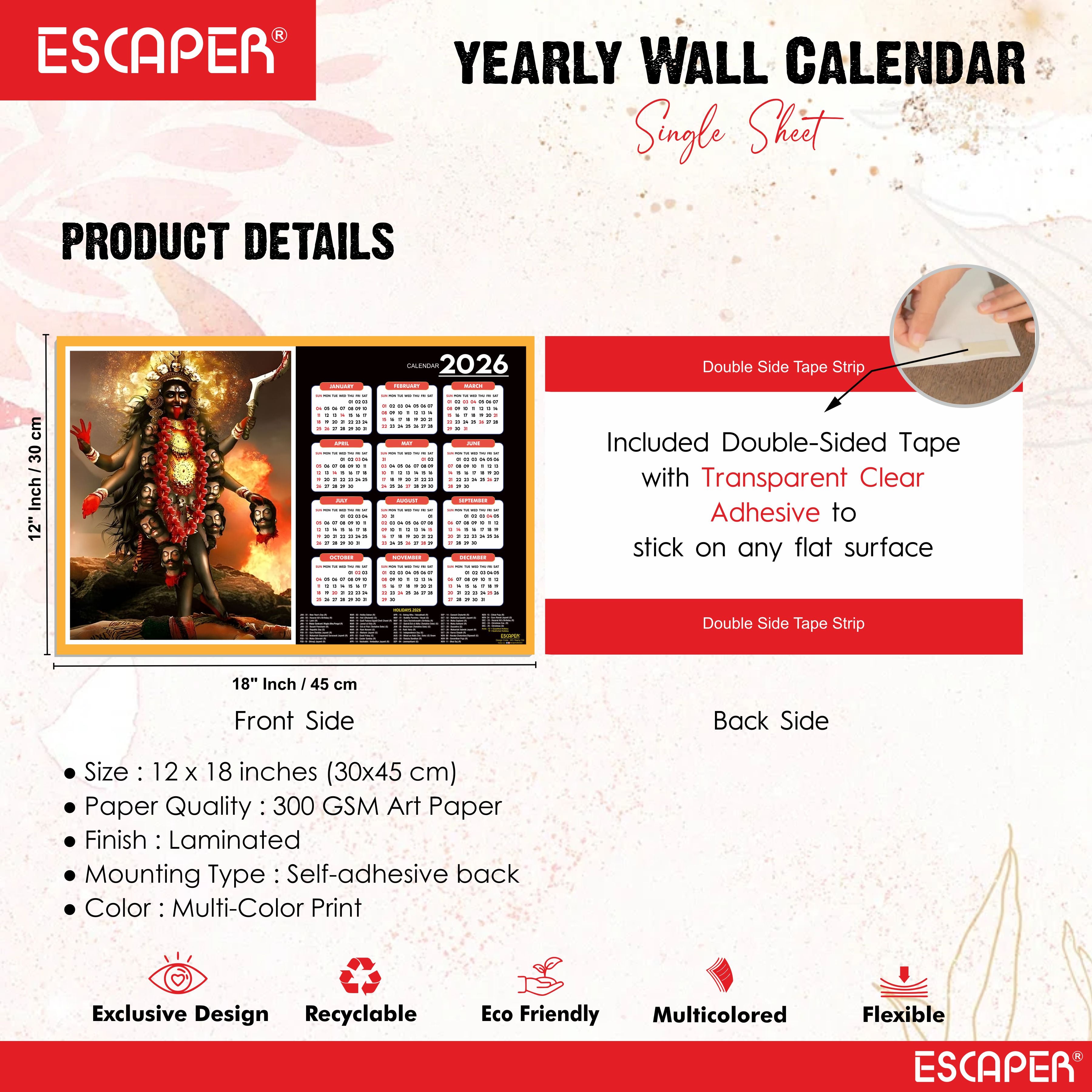 Goddess Kali Ma Wall Calendar 2026 hanging (45 x 30 cm), Religious Wall Calendar 2026, Kali Mata Photo For Home, Pooja Room, Wall Decor