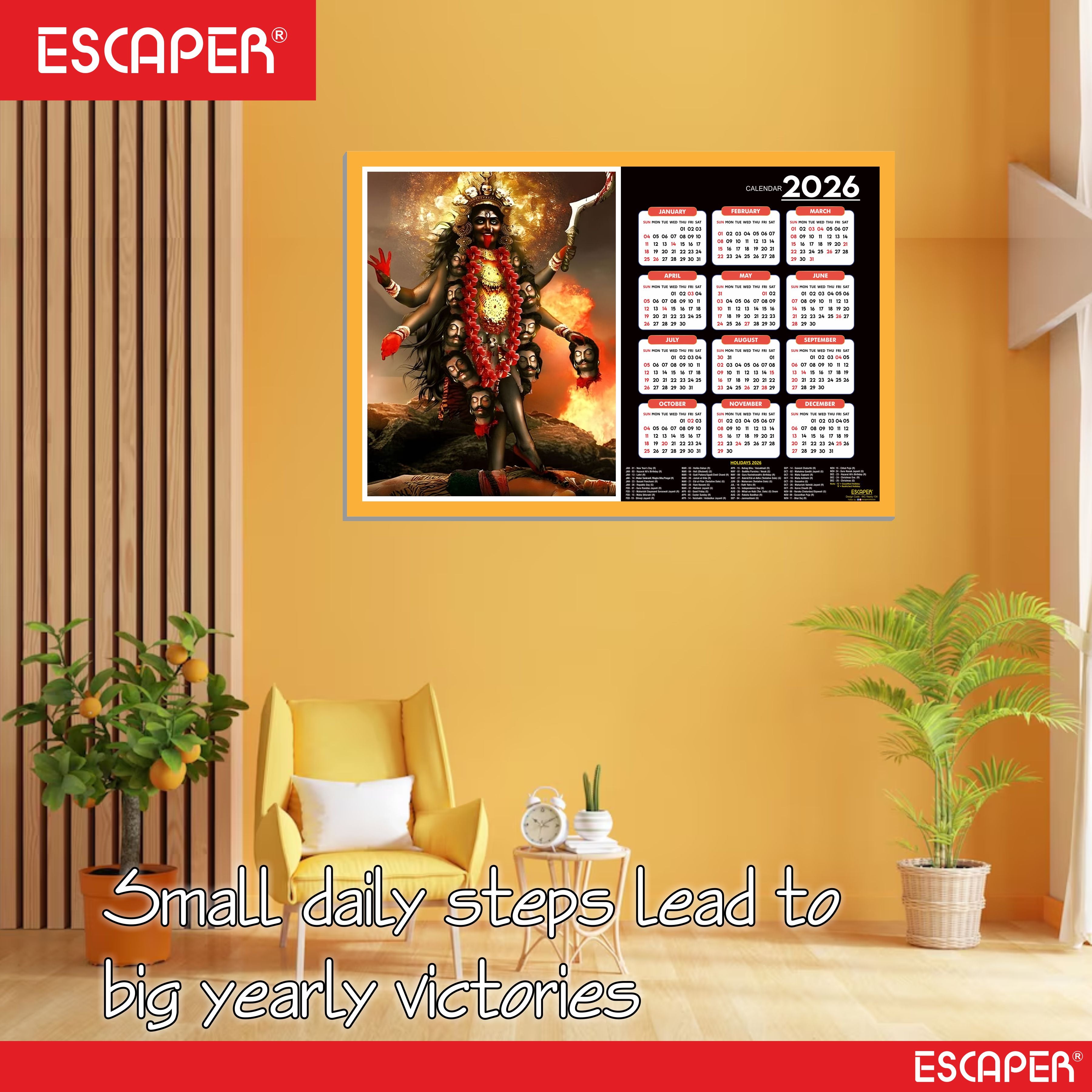 Goddess Kali Ma Wall Calendar 2026 hanging (45 x 30 cm), Religious Wall Calendar 2026, Kali Mata Photo For Home, Pooja Room, Wall Decor