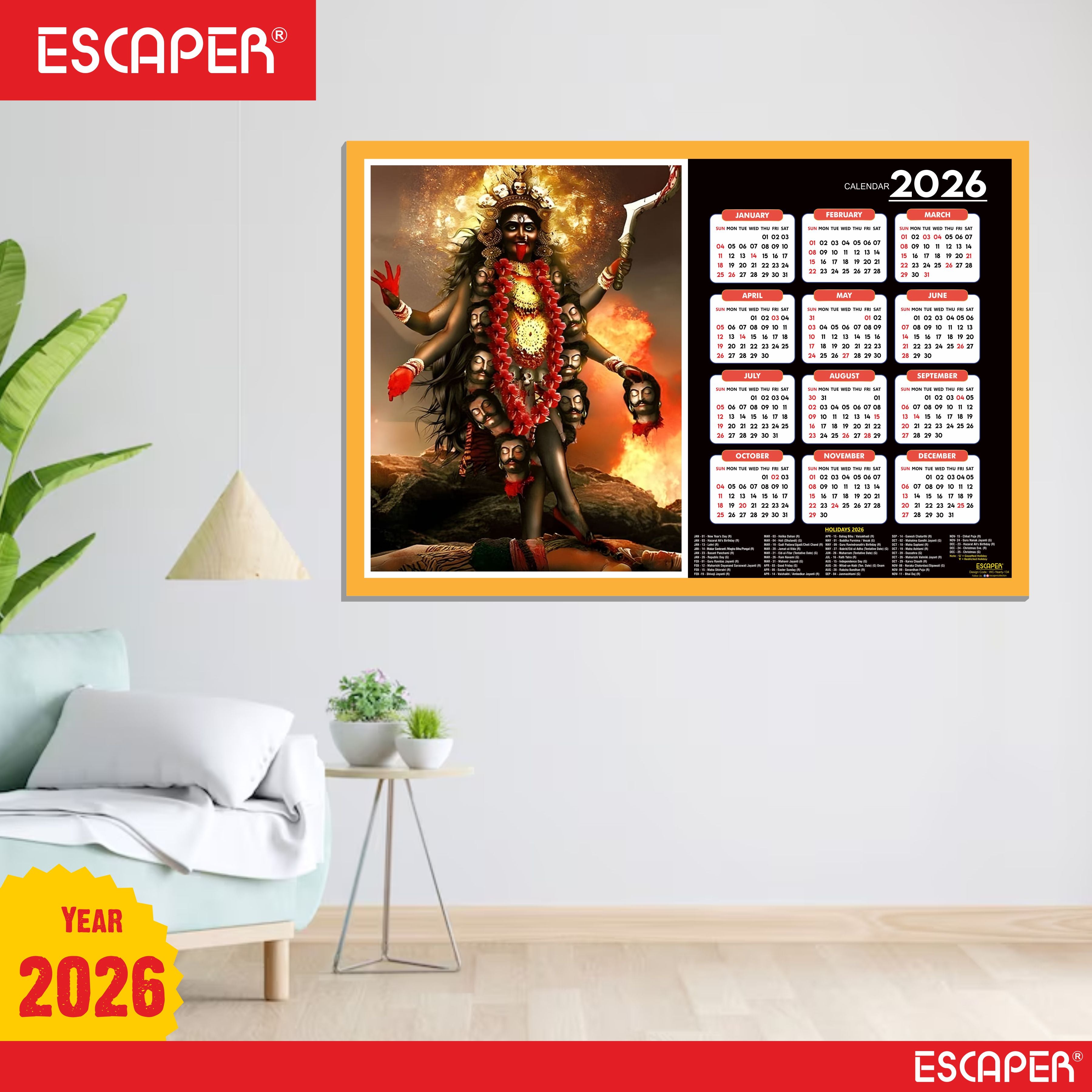 Goddess Kali Ma Wall Calendar 2026 hanging (45 x 30 cm), Religious Wall Calendar 2026, Kali Mata Photo For Home, Pooja Room, Wall Decor