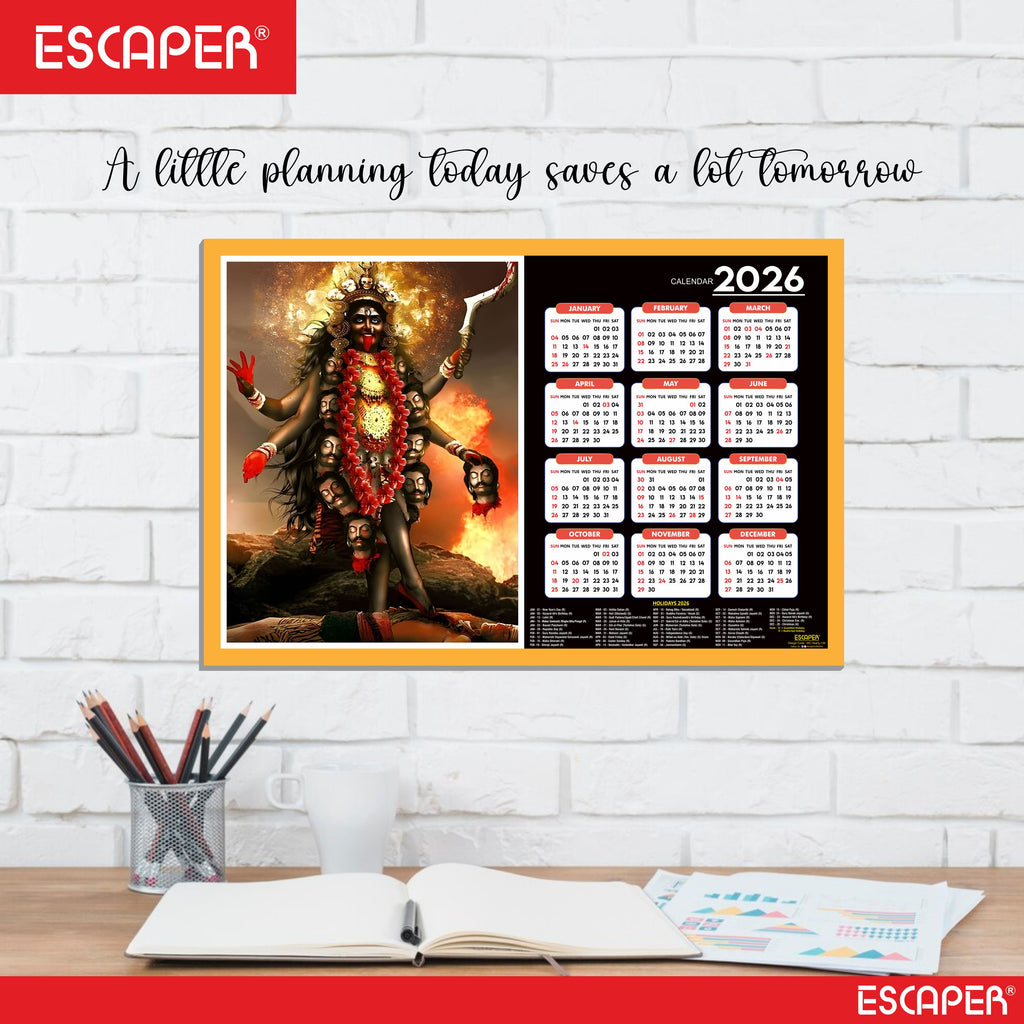 Goddess Kali Ma Wall Calendar 2026 hanging (45 x 30 cm), Religious Wall Calendar 2026, Kali Mata Photo For Home, Pooja Room, Wall Decor