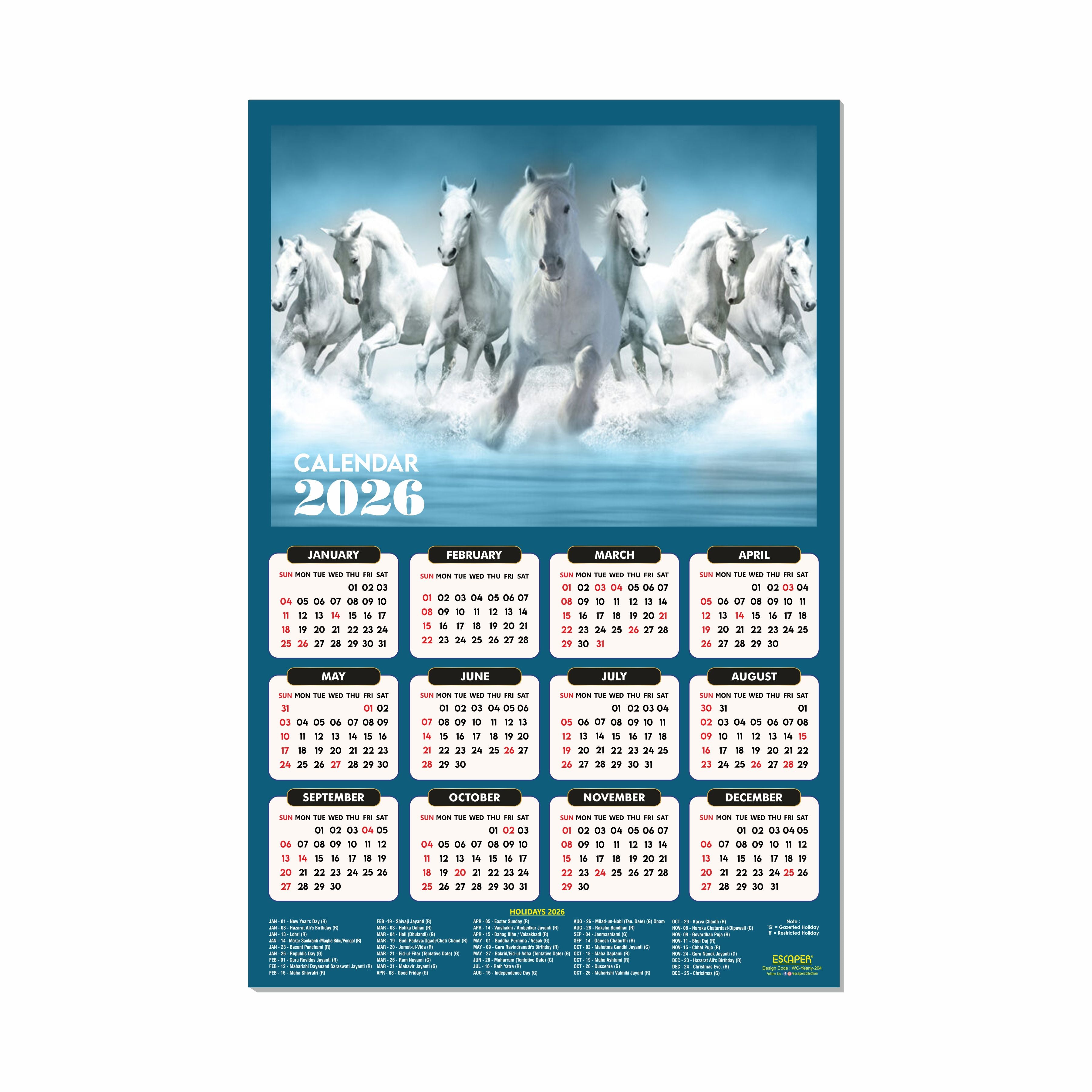 7 Horses Wall Calendar 2026 hanging (45 x 30 cm), Seven Horses Wall Calendar 2026, Seven Horses Calendar, Seven Horse Wall Decor, New Year Calendar 2026, New Year Gift