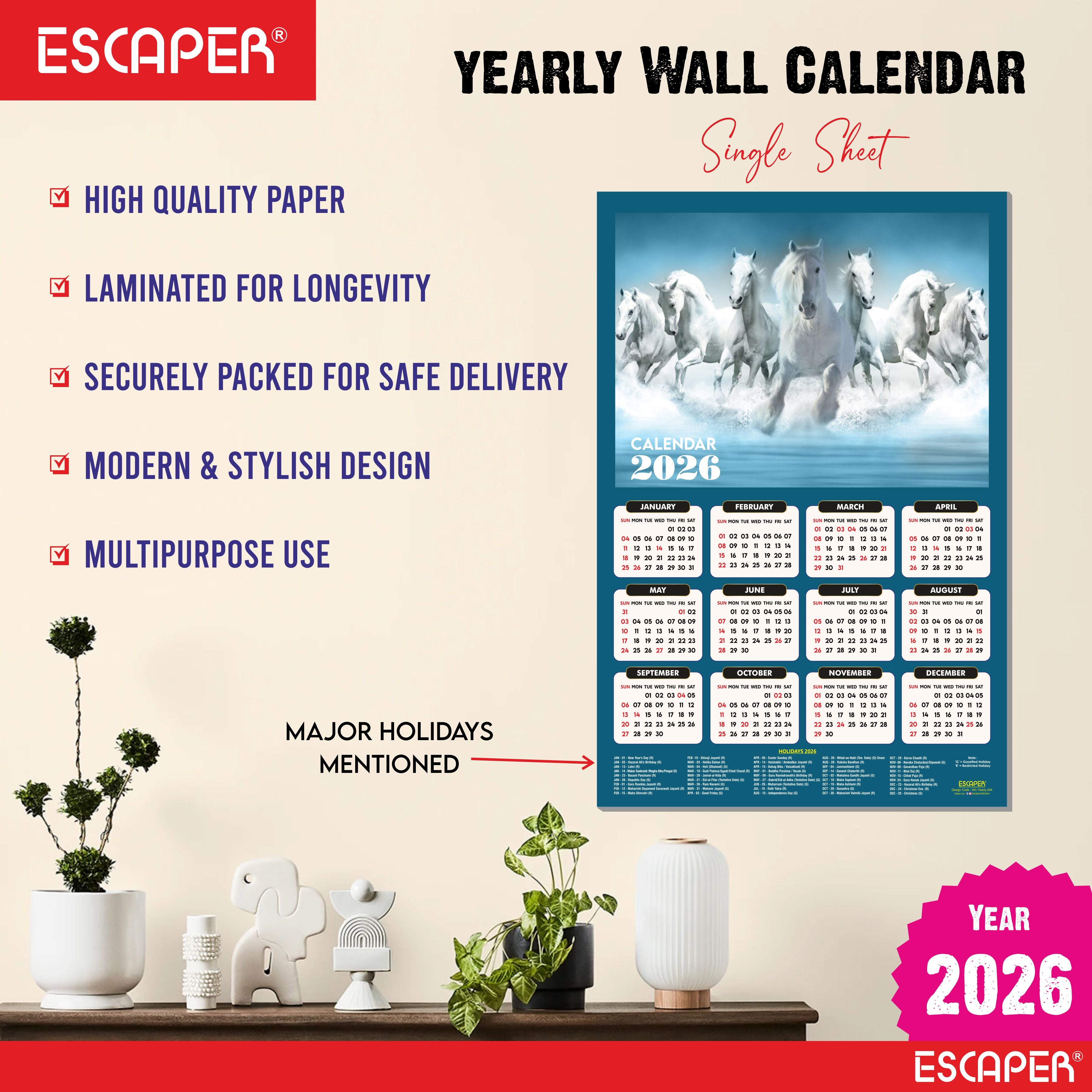 7 Horses Wall Calendar 2026 hanging (45 x 30 cm), Seven Horses Wall Calendar 2026, Seven Horses Calendar, Seven Horse Wall Decor, New Year Calendar 2026, New Year Gift