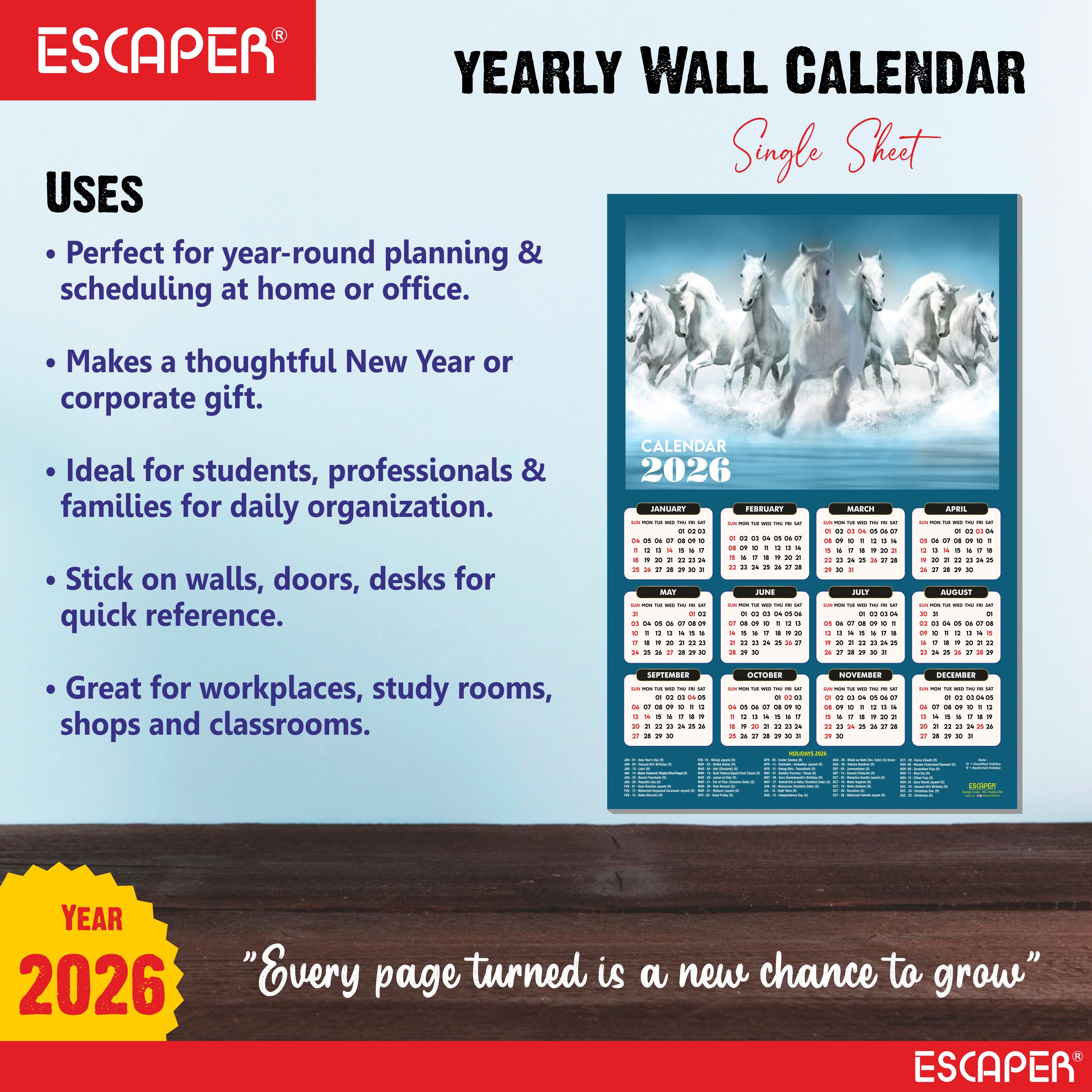 7 Horses Wall Calendar 2026 hanging (45 x 30 cm), Seven Horses Wall Calendar 2026, Seven Horses Calendar, Seven Horse Wall Decor, New Year Calendar 2026, New Year Gift
