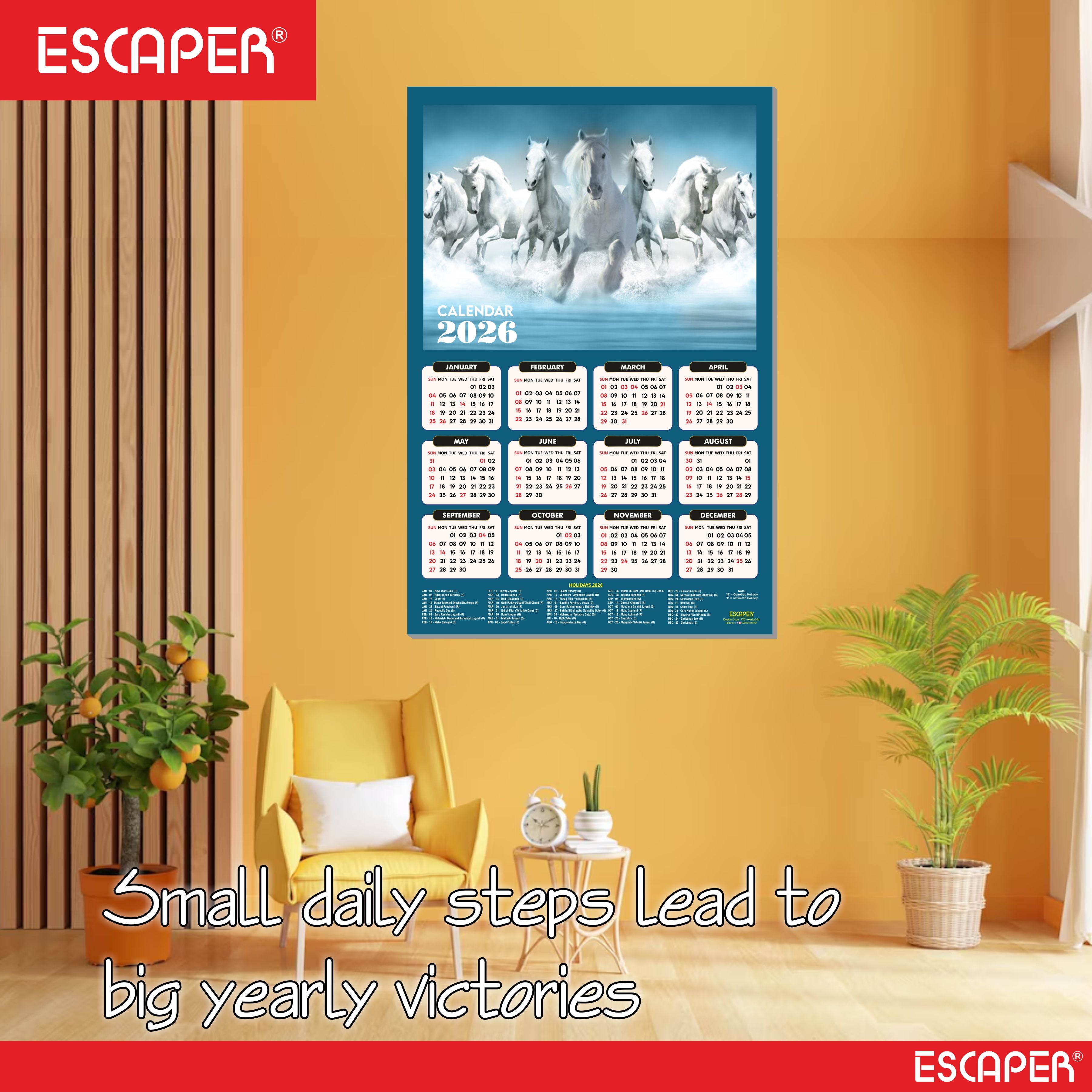 7 Horses Wall Calendar 2026 hanging (45 x 30 cm), Seven Horses Wall Calendar 2026, Seven Horses Calendar, Seven Horse Wall Decor, New Year Calendar 2026, New Year Gift